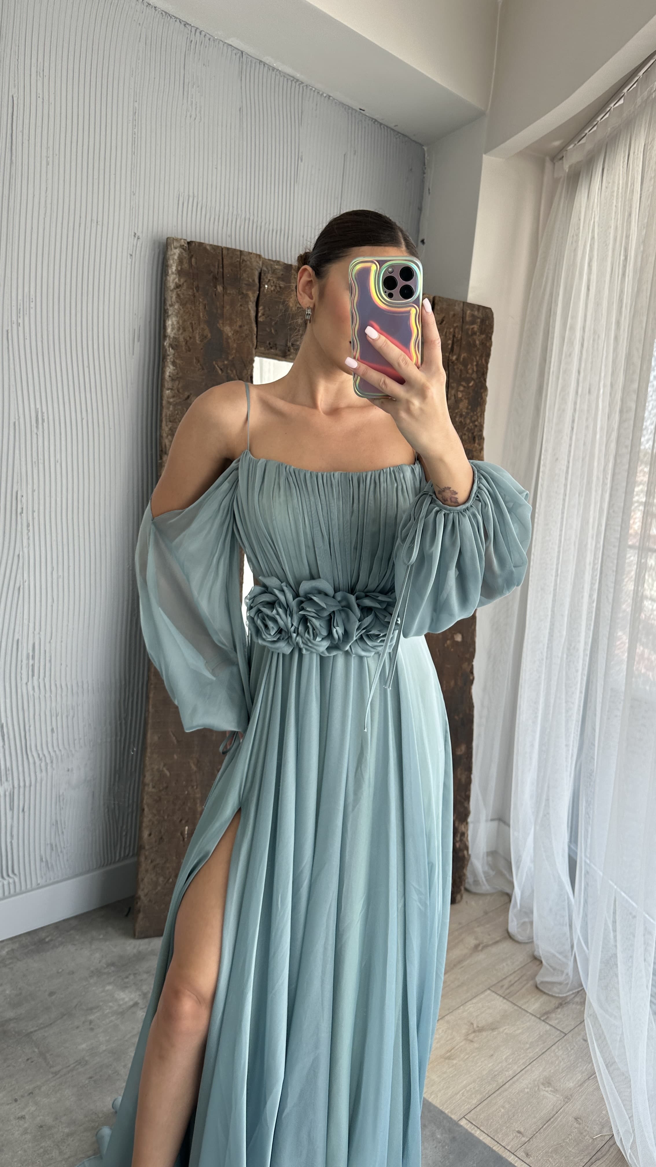 ROPE STRAP BALLOON WAIST DETAIL DESIGN CHIFFON DRESS