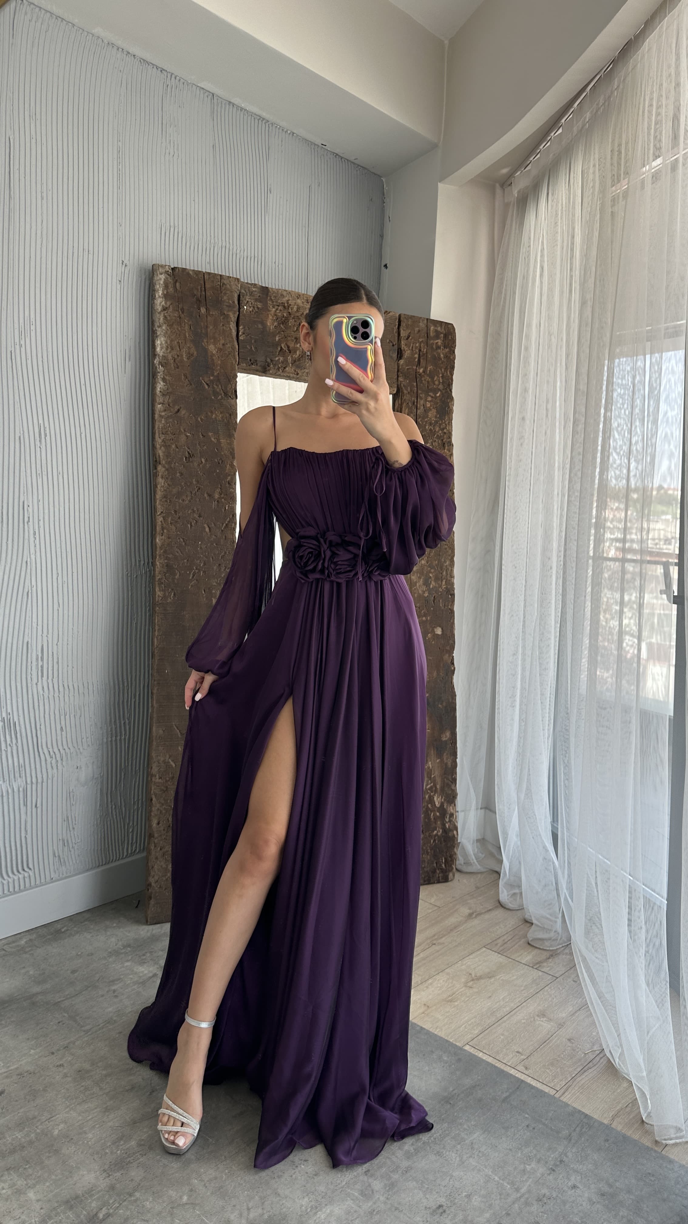 ROPE STRAP BALLOON WAIST DETAIL DESIGN CHIFFON DRESS