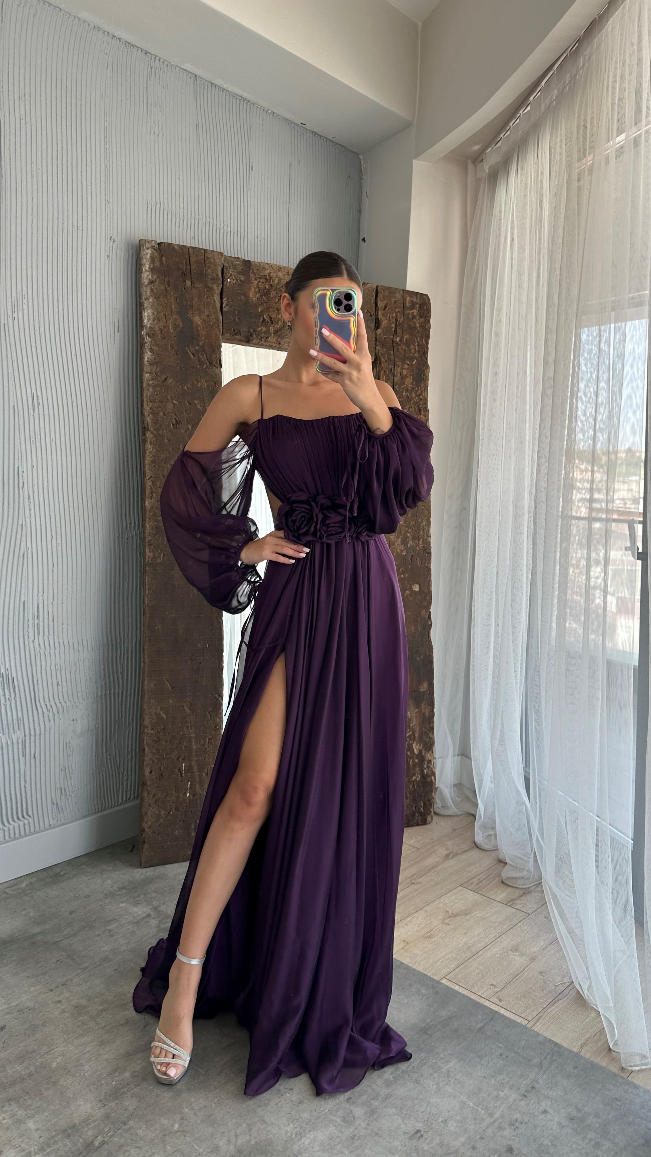 ROPE STRAP BALLOON WAIST DETAIL DESIGN CHIFFON DRESS