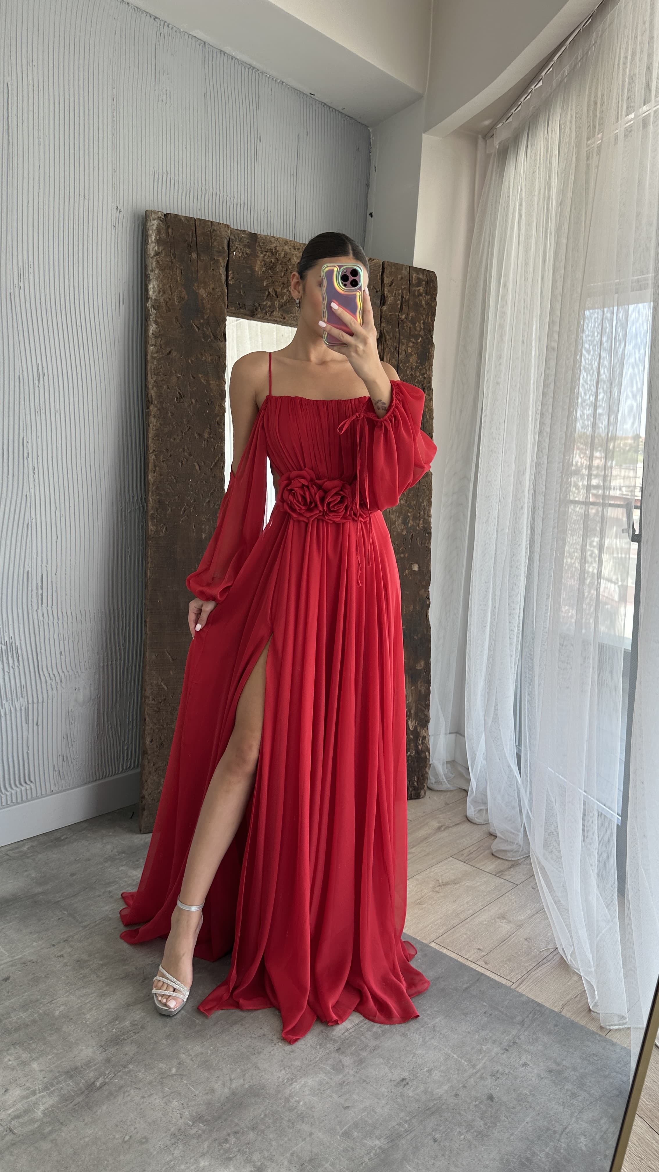 ROPE STRAP BALLOON WAIST DETAIL DESIGN CHIFFON DRESS