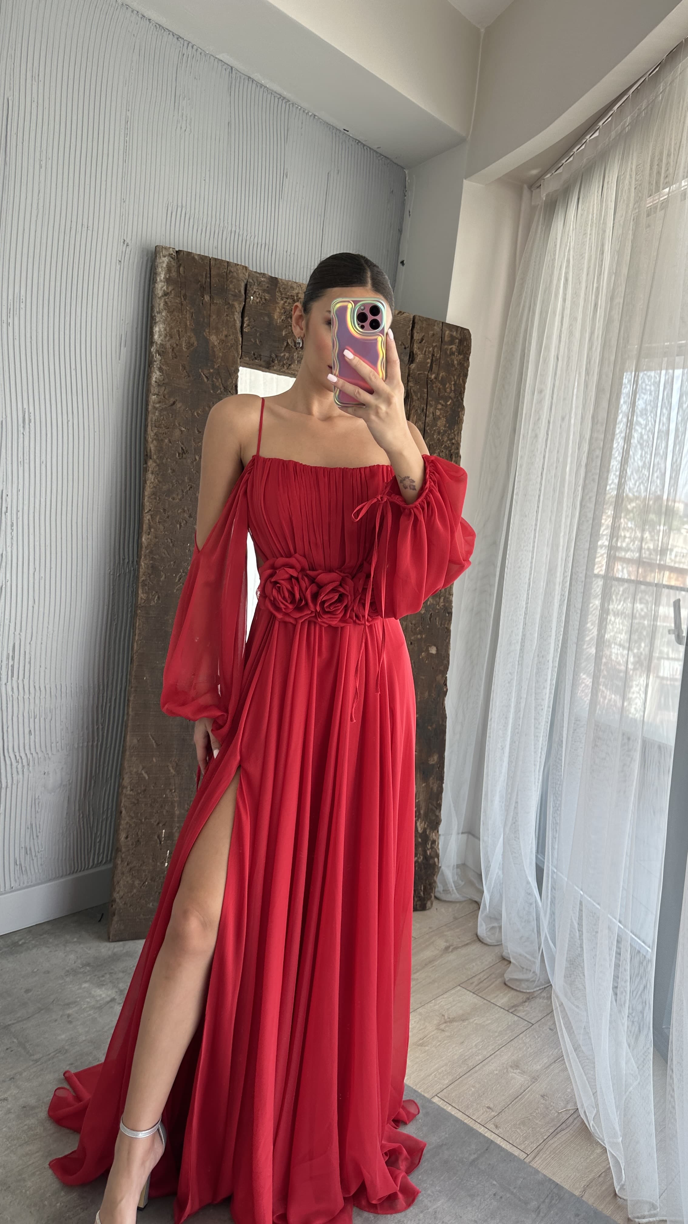 ROPE STRAP BALLOON WAIST DETAIL DESIGN CHIFFON DRESS