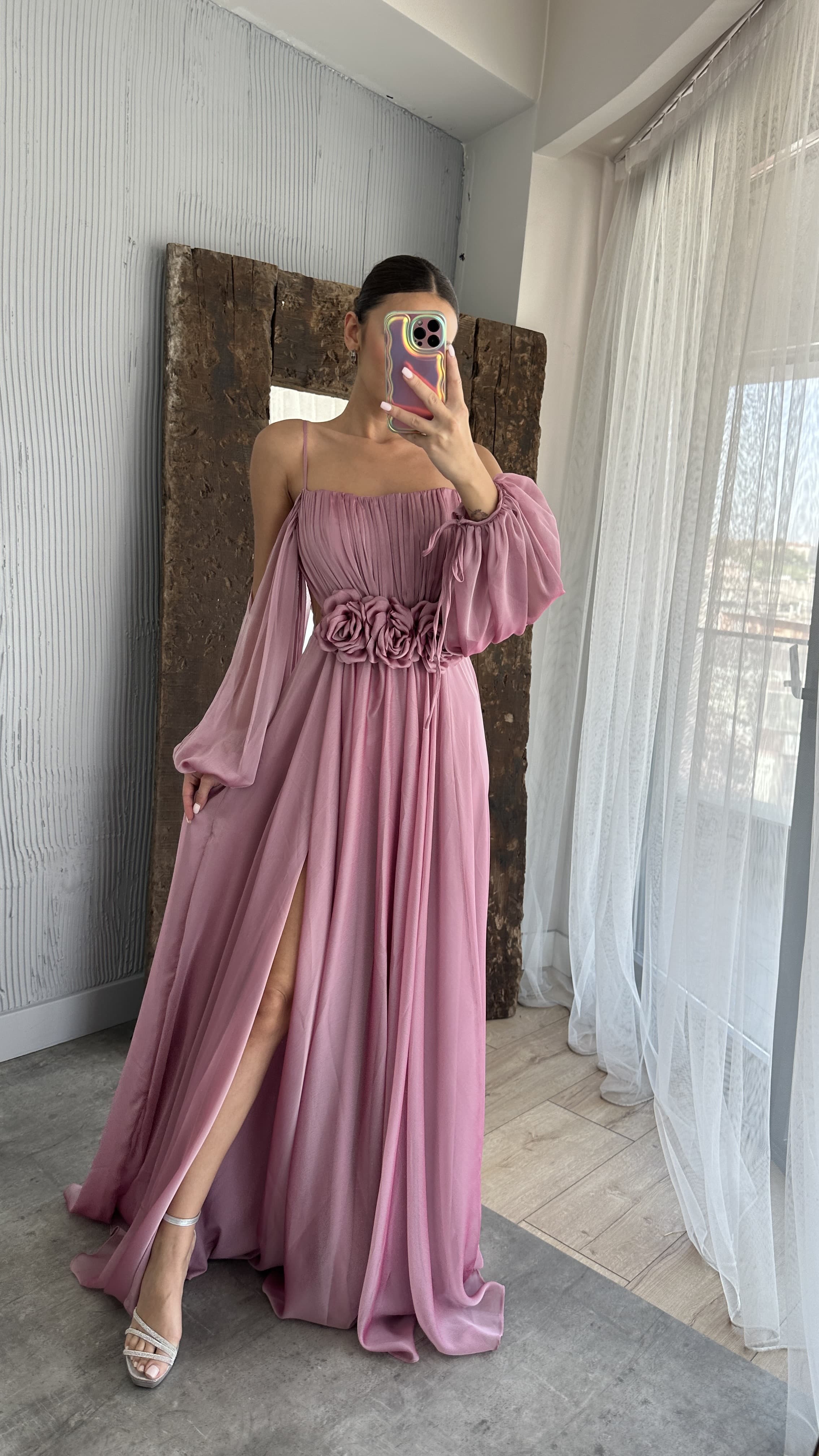 ROPE STRAP BALLOON WAIST DETAIL DESIGN CHIFFON DRESS