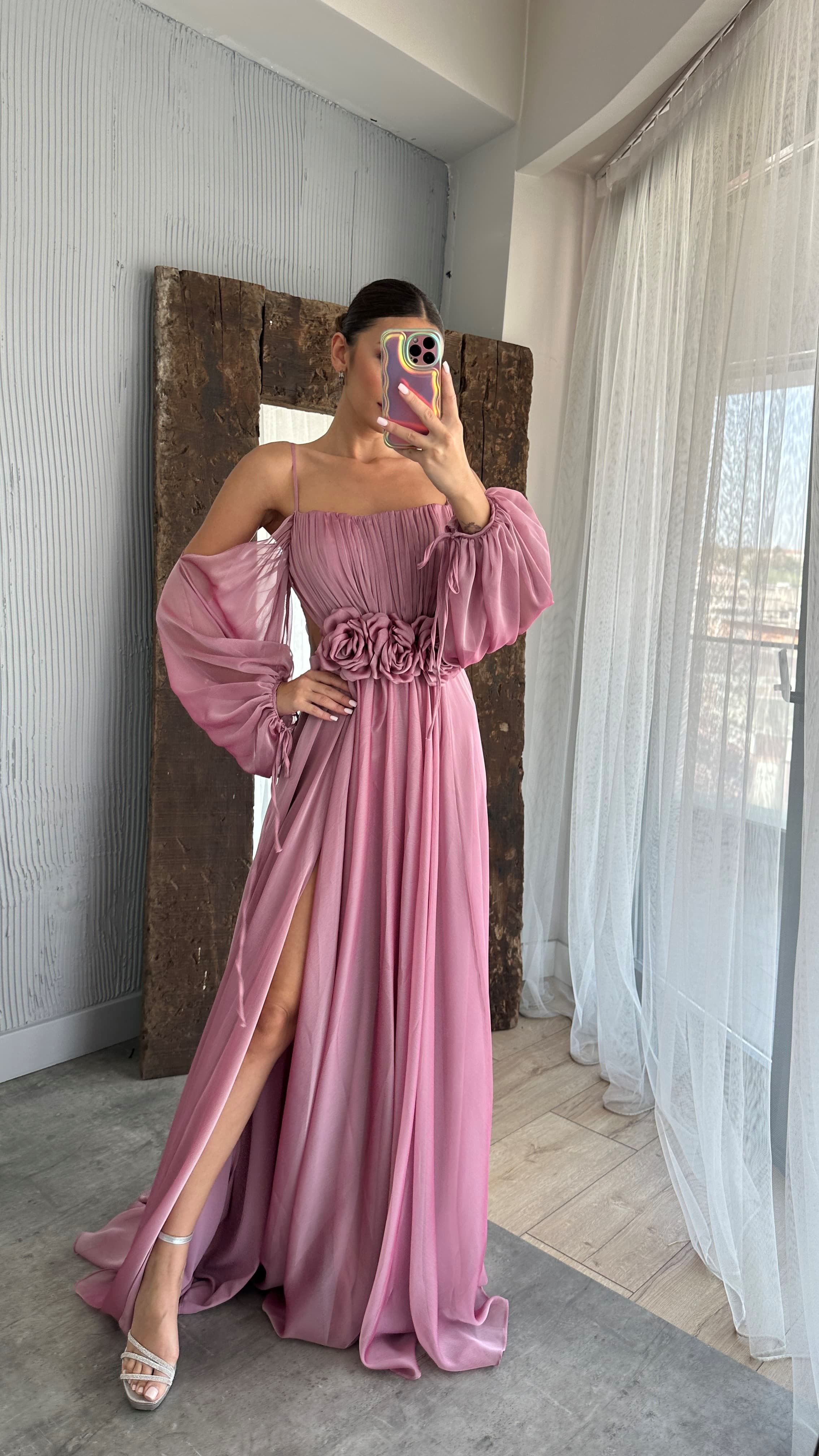 ROPE STRAP BALLOON WAIST DETAIL DESIGN CHIFFON DRESS