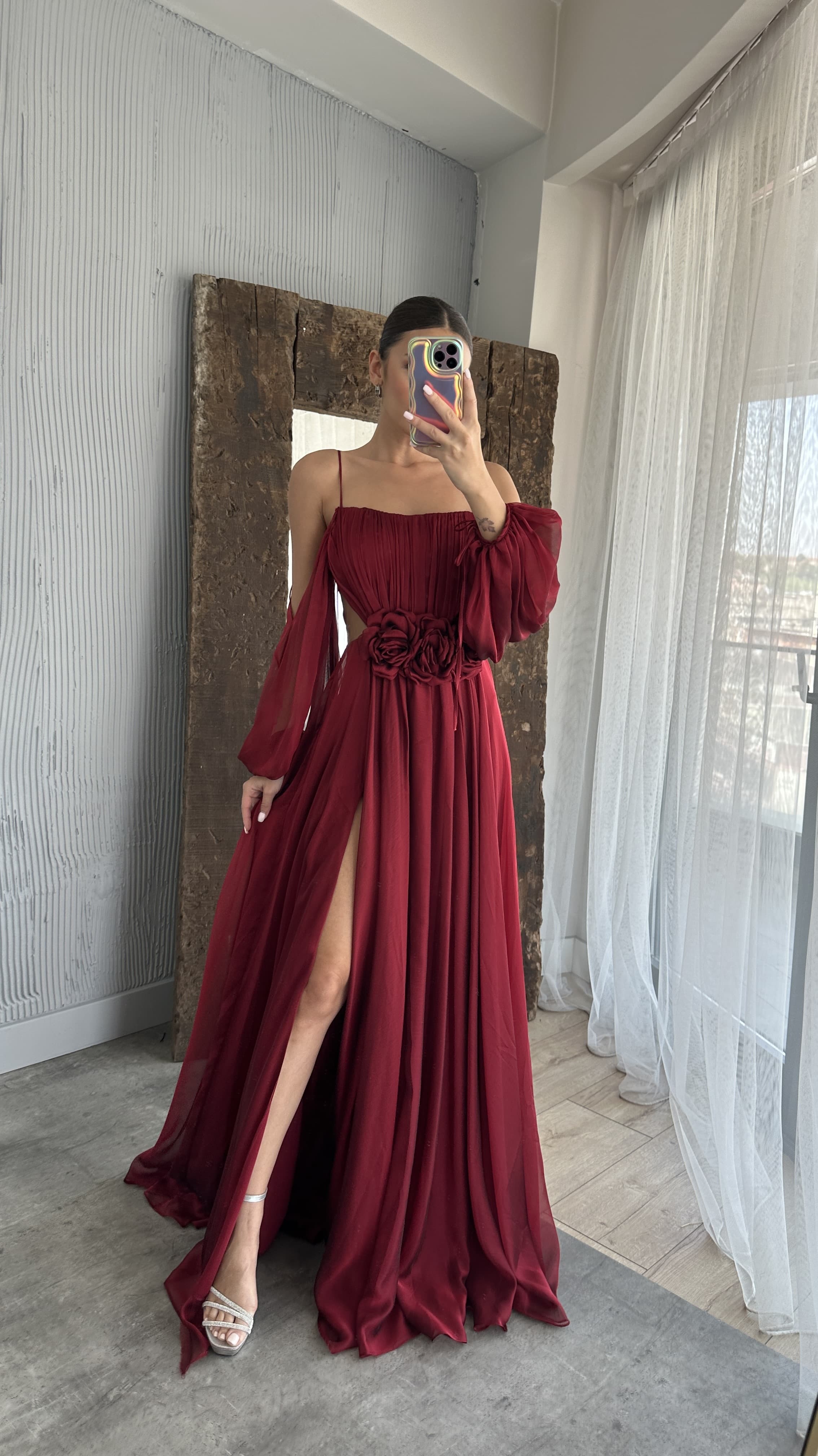 ROPE STRAP BALLOON WAIST DETAIL DESIGN CHIFFON DRESS