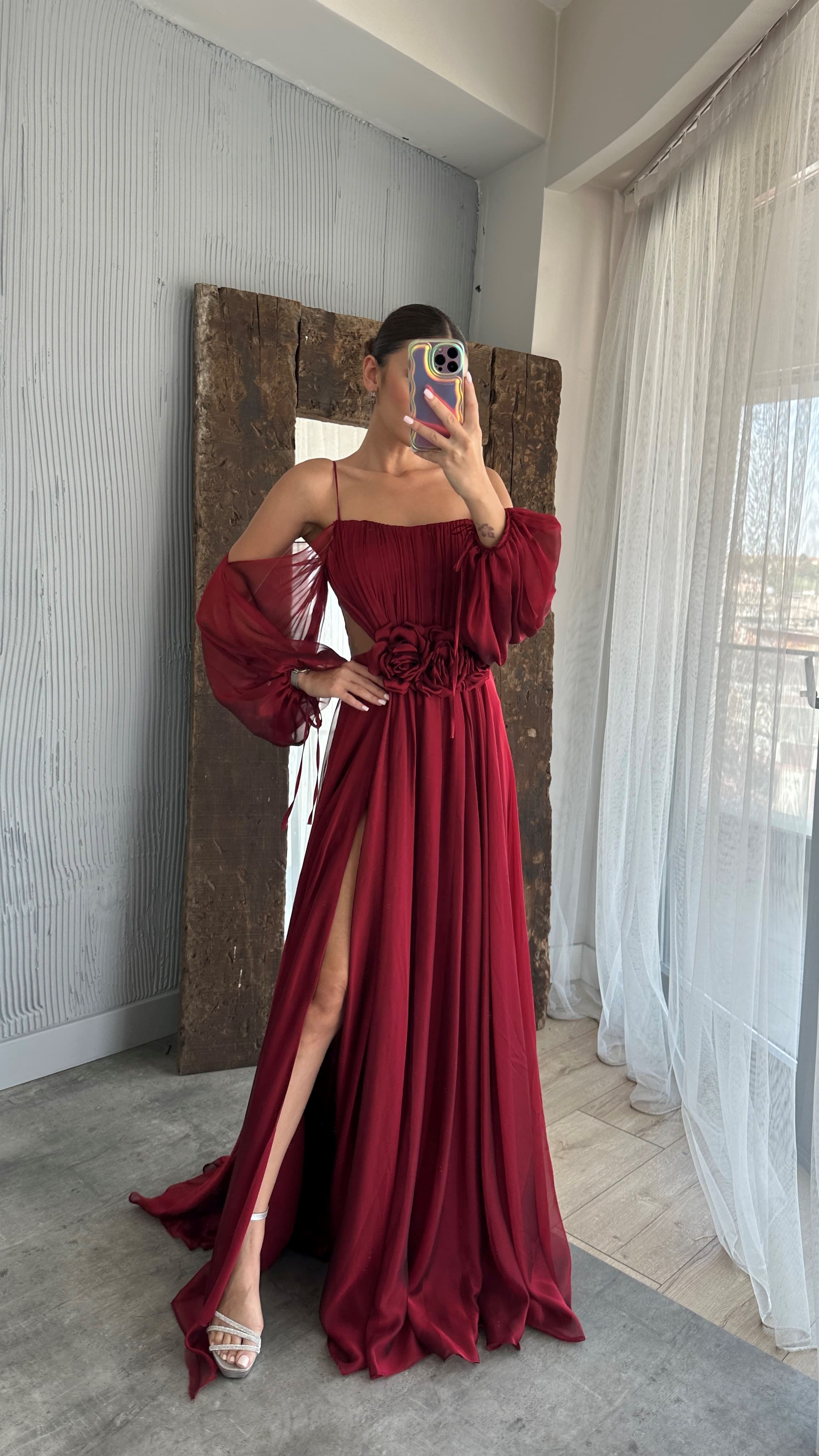 ROPE STRAP BALLOON WAIST DETAIL DESIGN CHIFFON DRESS