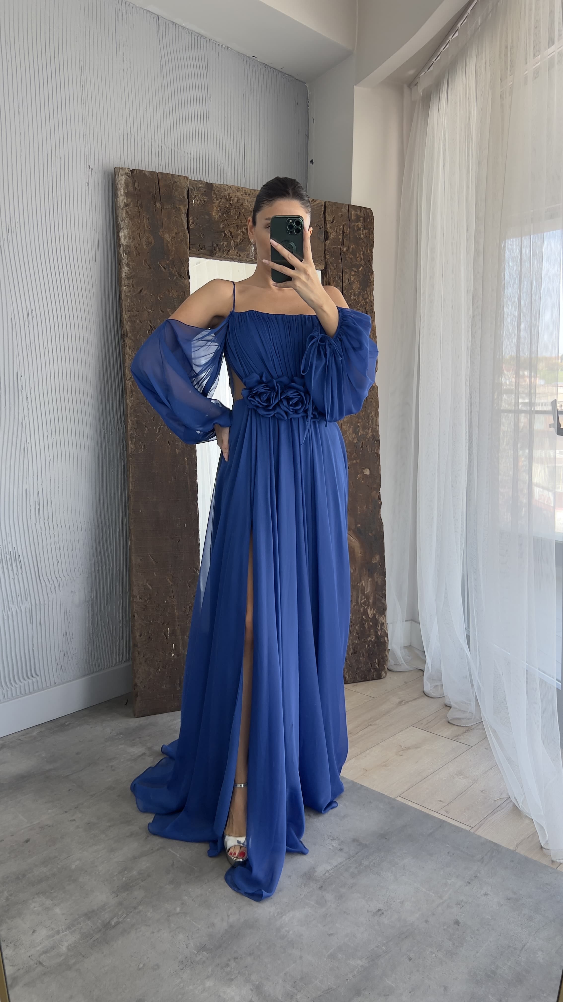 ROPE STRAP BALLOON WAIST DETAIL DESIGN CHIFFON DRESS