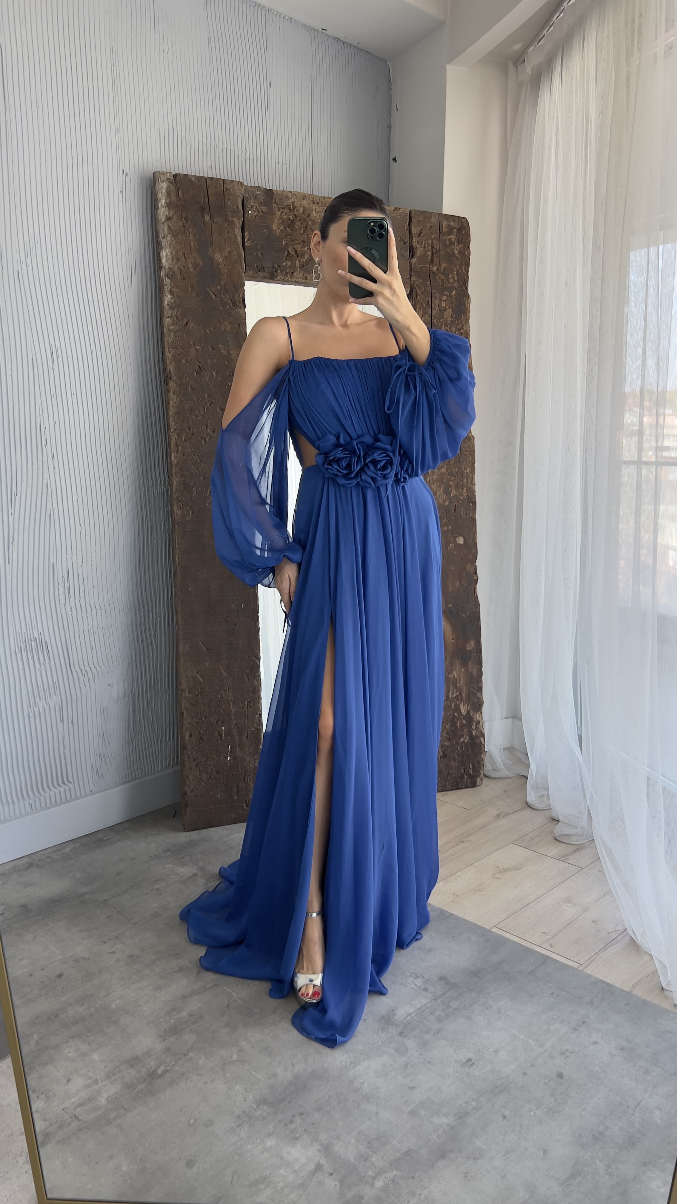 ROPE STRAP BALLOON WAIST DETAIL DESIGN CHIFFON DRESS