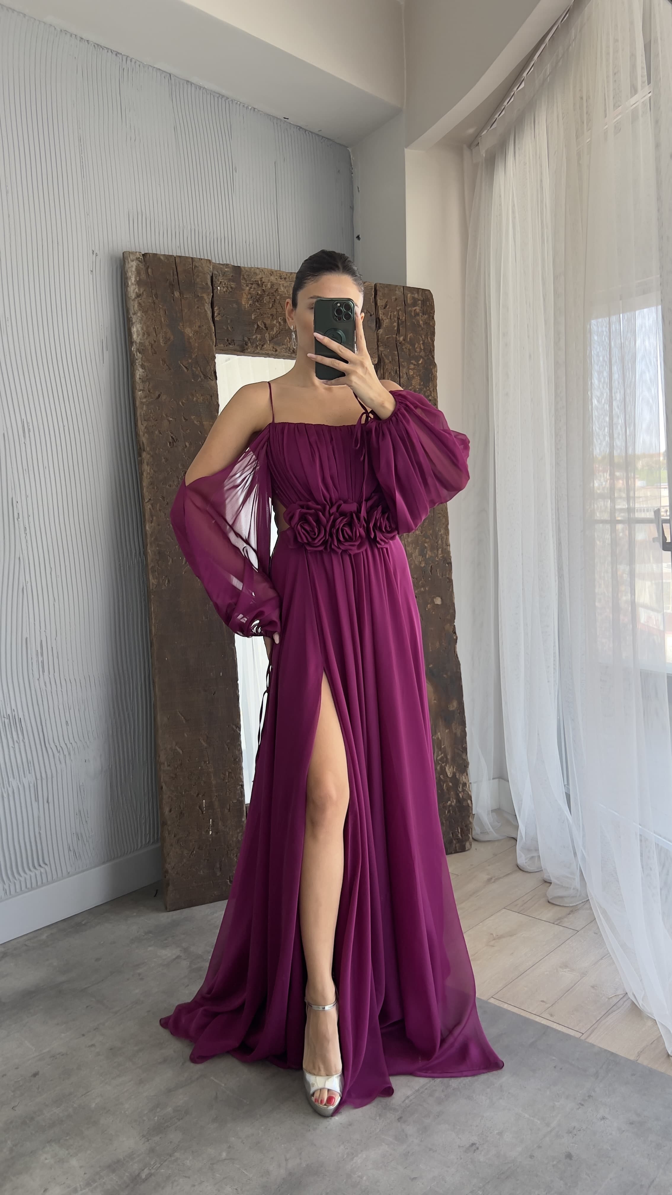 ROPE STRAP BALLOON WAIST DETAIL DESIGN CHIFFON DRESS