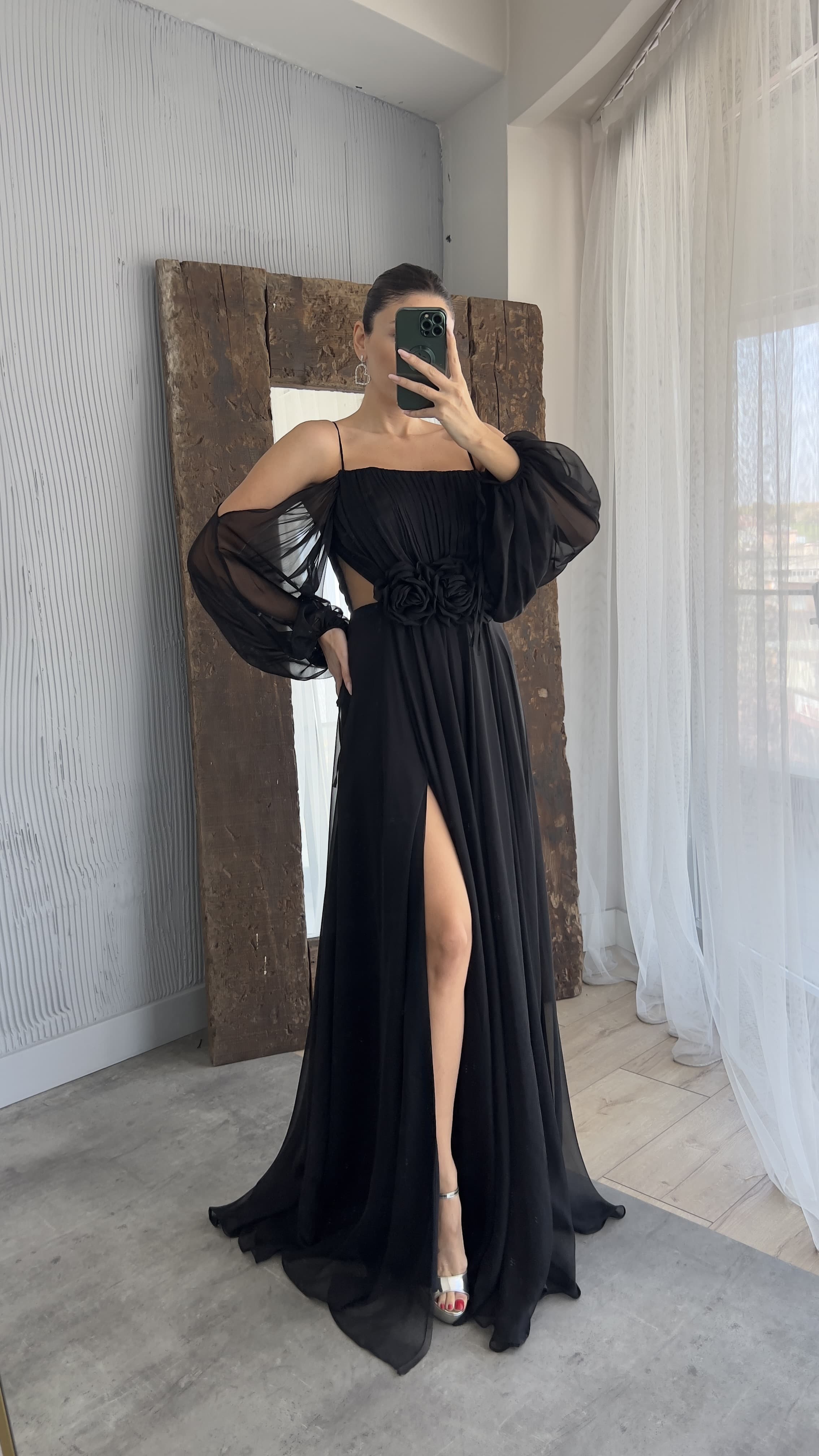 ROPE STRAP BALLOON WAIST DETAIL DESIGN CHIFFON DRESS