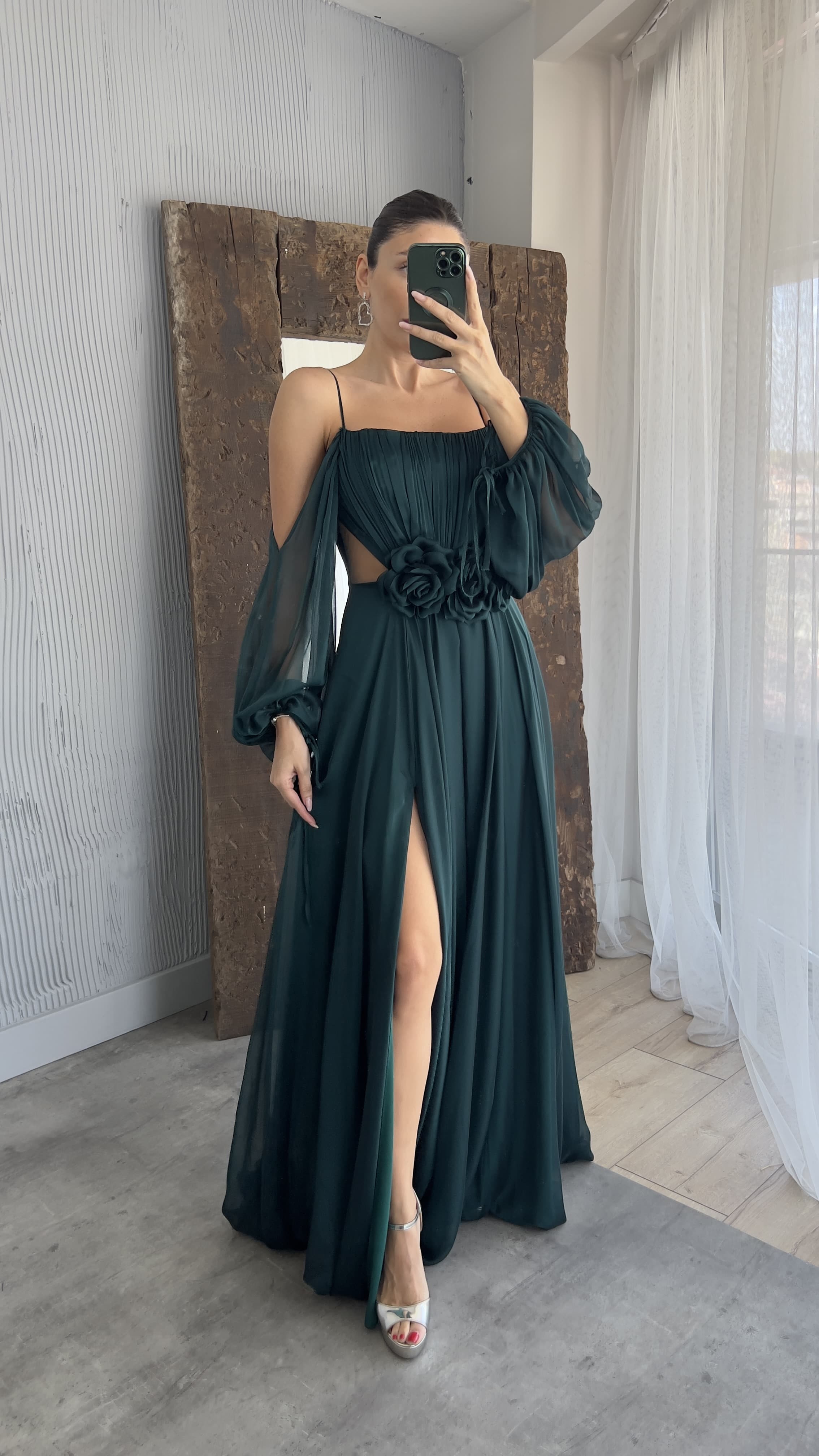 ROPE STRAP BALLOON WAIST DETAIL DESIGN CHIFFON DRESS