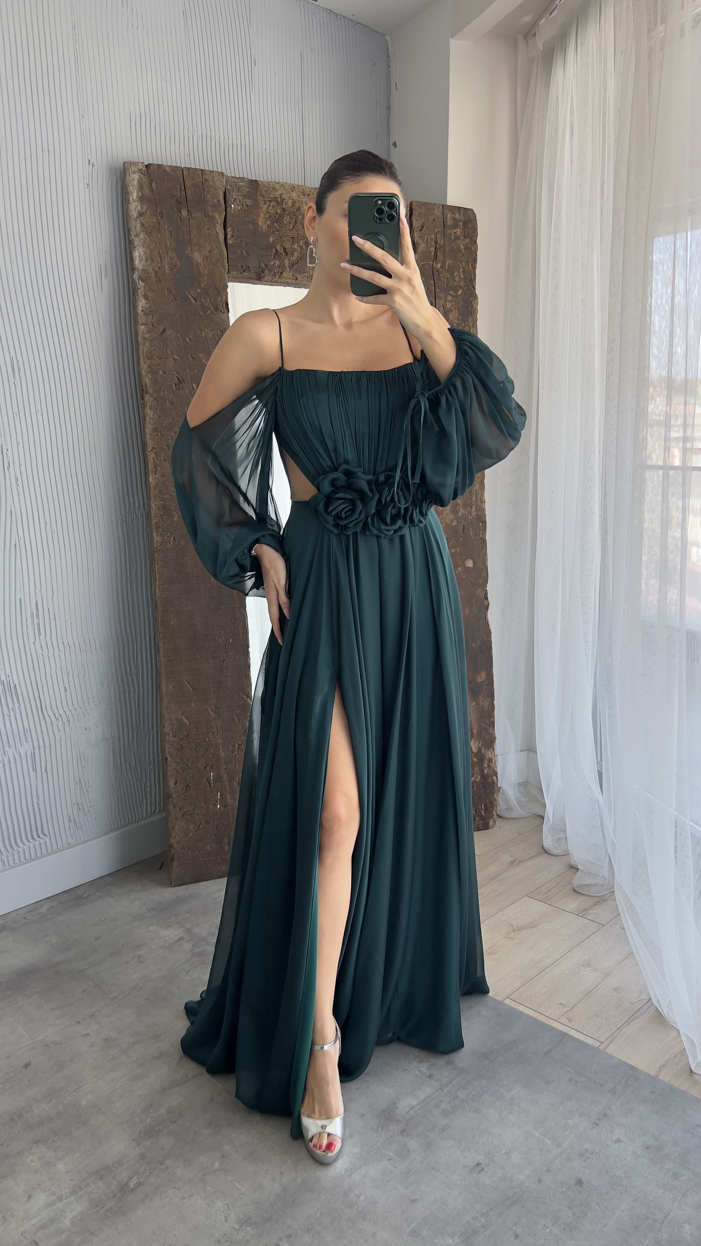 ROPE STRAP BALLOON WAIST DETAIL DESIGN CHIFFON DRESS