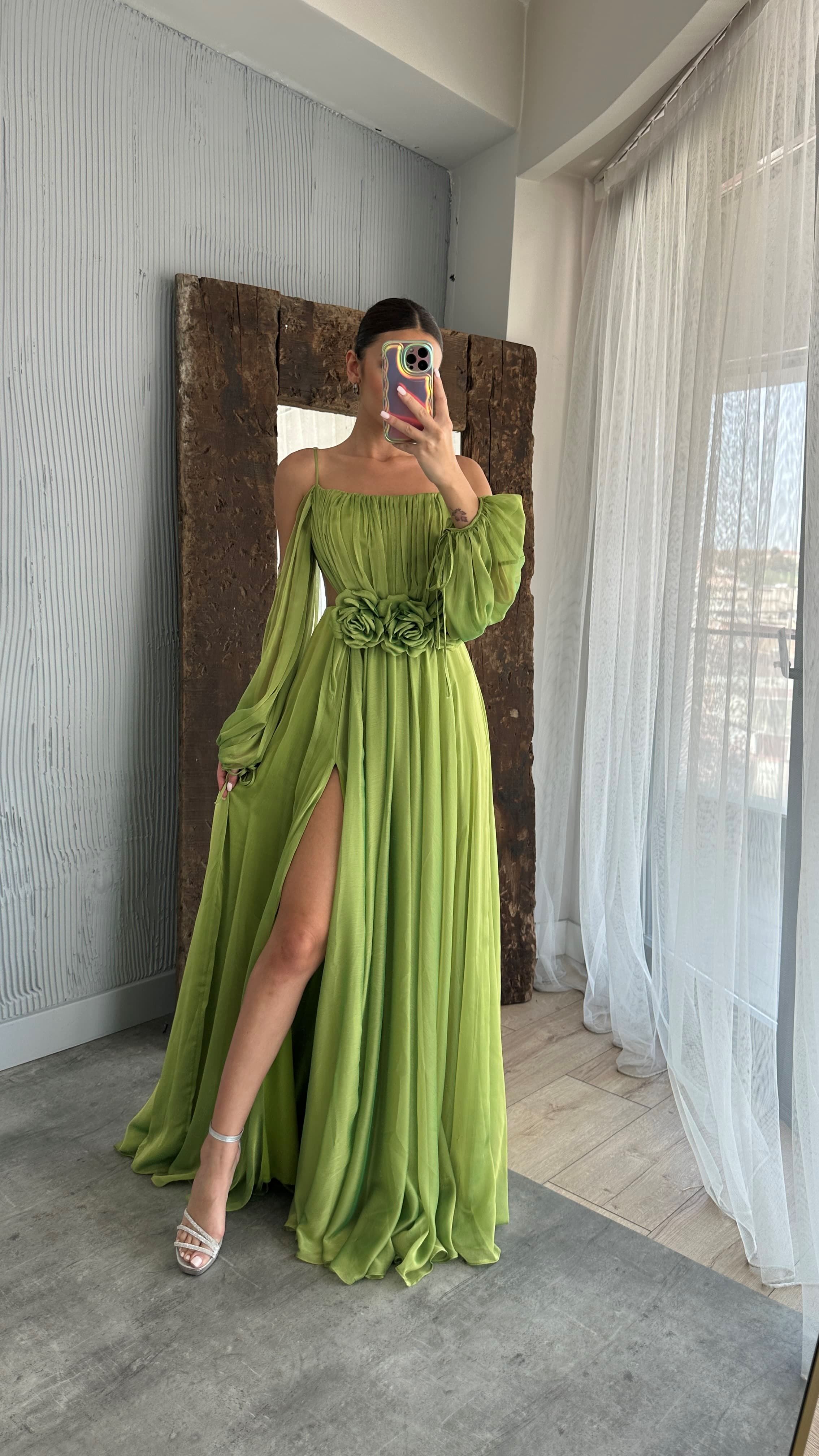 ROPE STRAP BALLOON WAIST DETAIL DESIGN CHIFFON DRESS