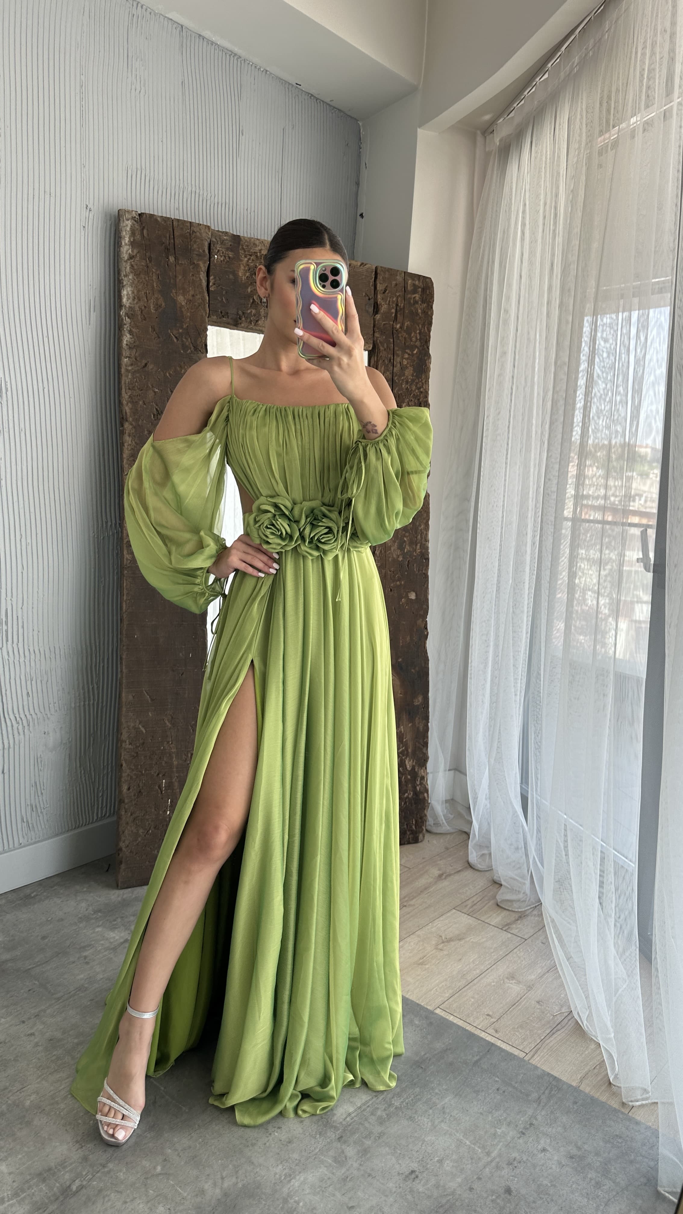 ROPE STRAP BALLOON WAIST DETAIL DESIGN CHIFFON DRESS