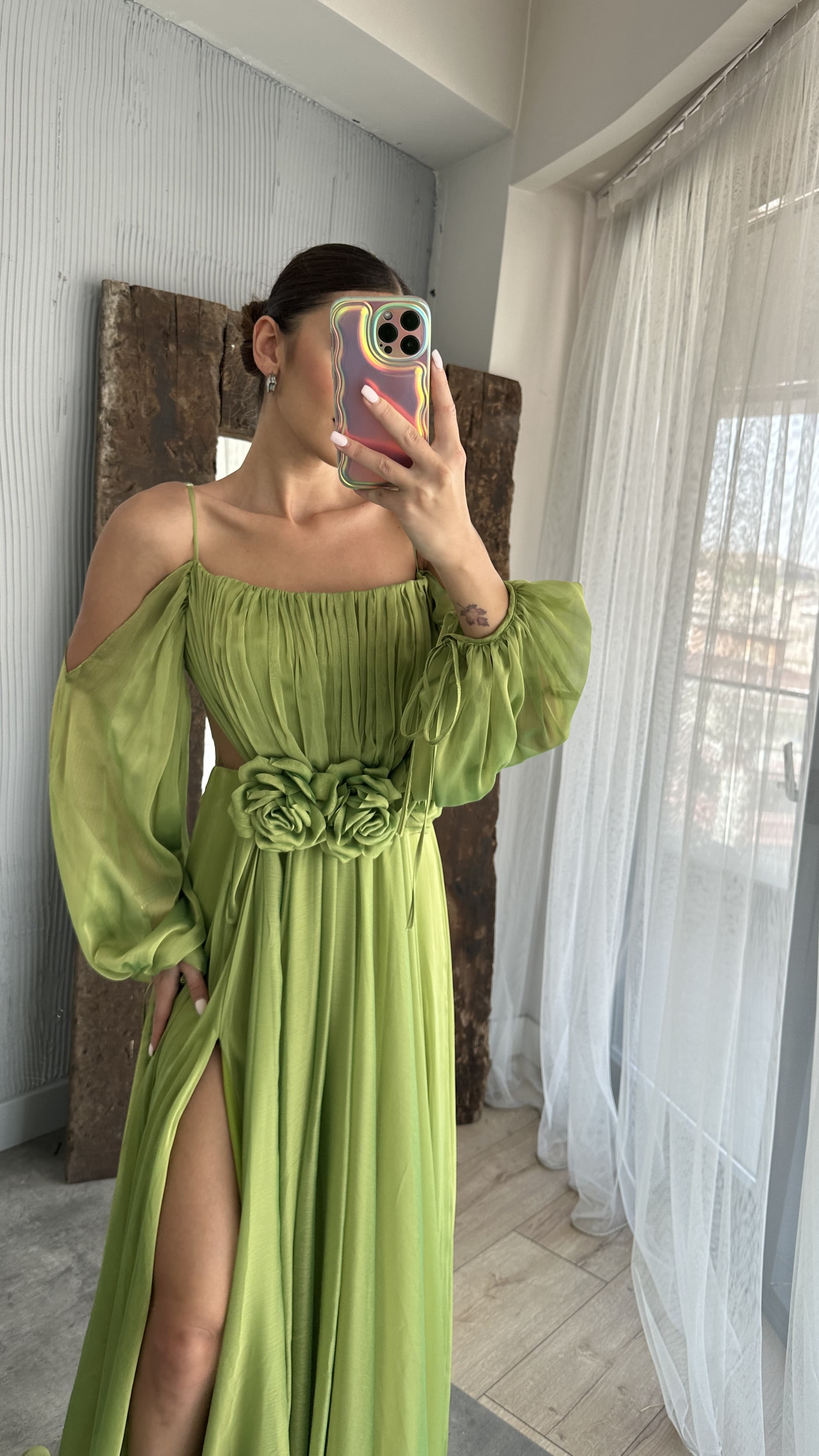 ROPE STRAP BALLOON WAIST DETAIL DESIGN CHIFFON DRESS