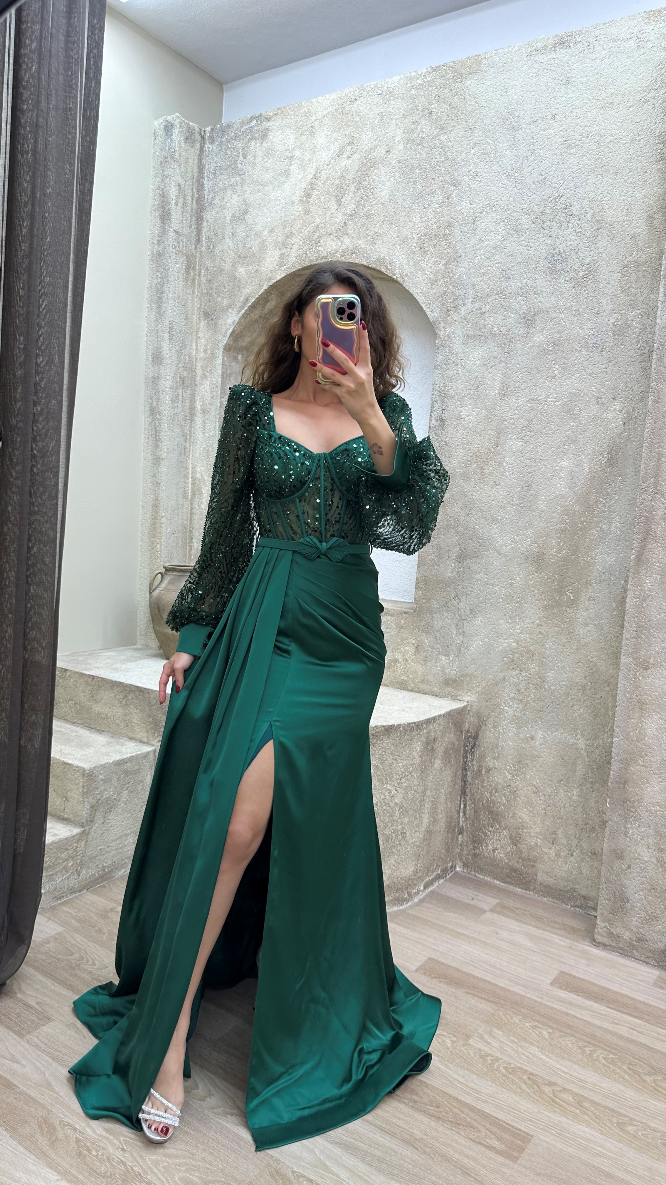 Balloon Sleeve Transparent Detail Embroidered Design Evening Dress