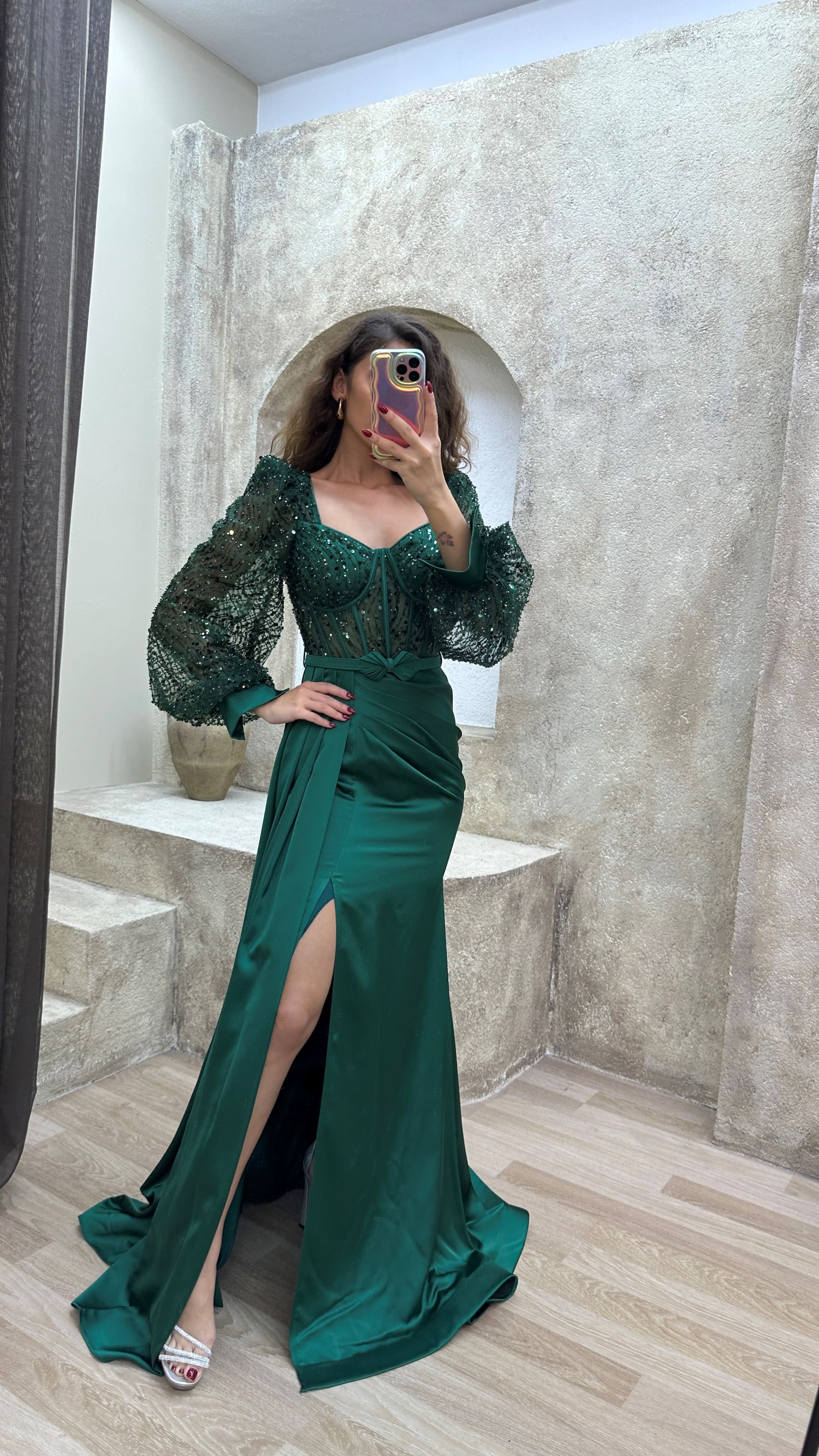 Balloon Sleeve Transparent Detail Embroidered Design Evening Dress
