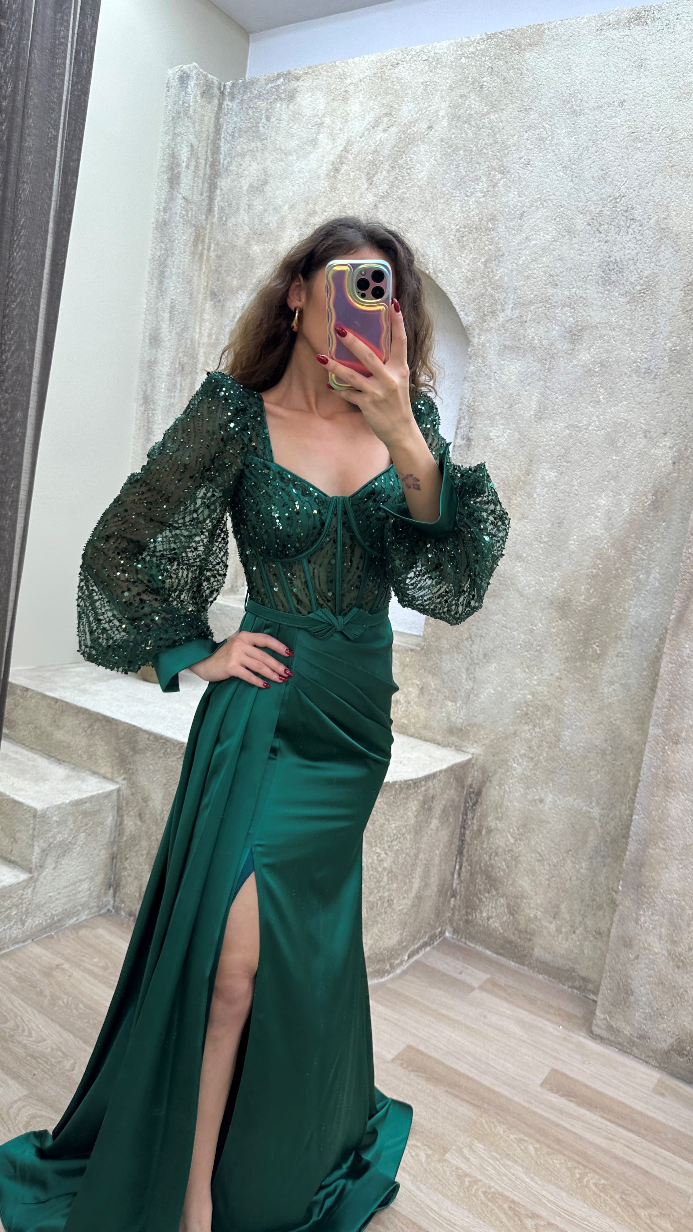 Balloon Sleeve Transparent Detail Embroidered Design Evening Dress