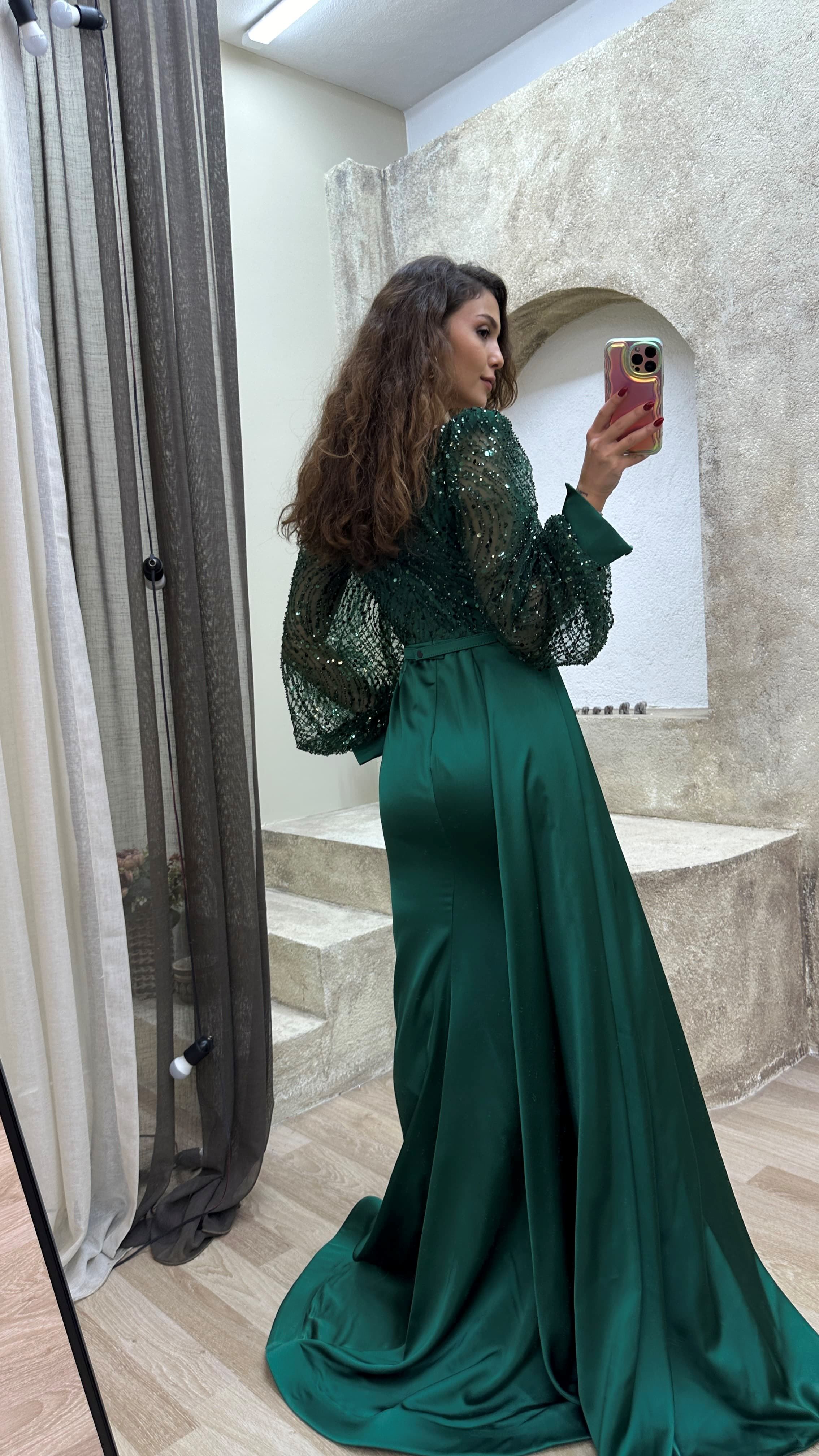 Balloon Sleeve Transparent Detail Embroidered Design Evening Dress
