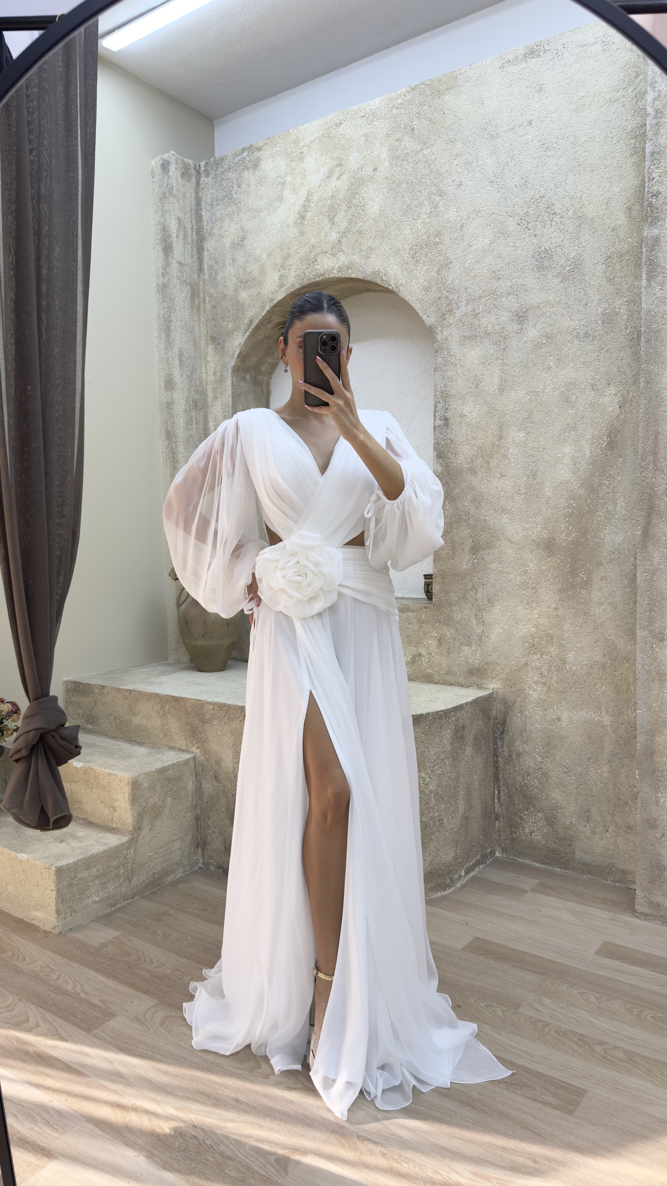 BACK DETAIL WAIST ROSE DESIGN CHIFFON EVENING DRESS