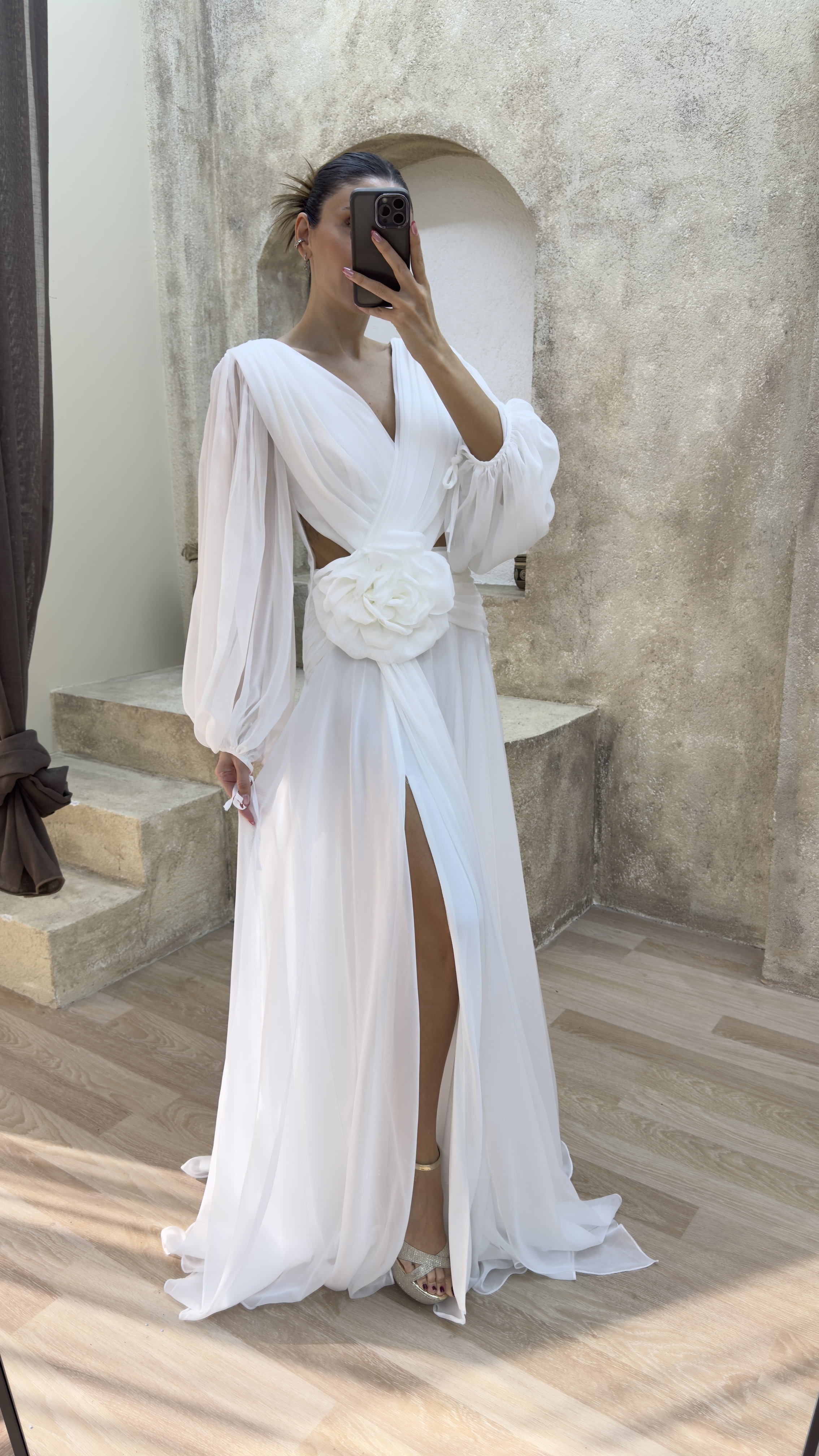 BACK DETAIL WAIST ROSE DESIGN CHIFFON EVENING DRESS