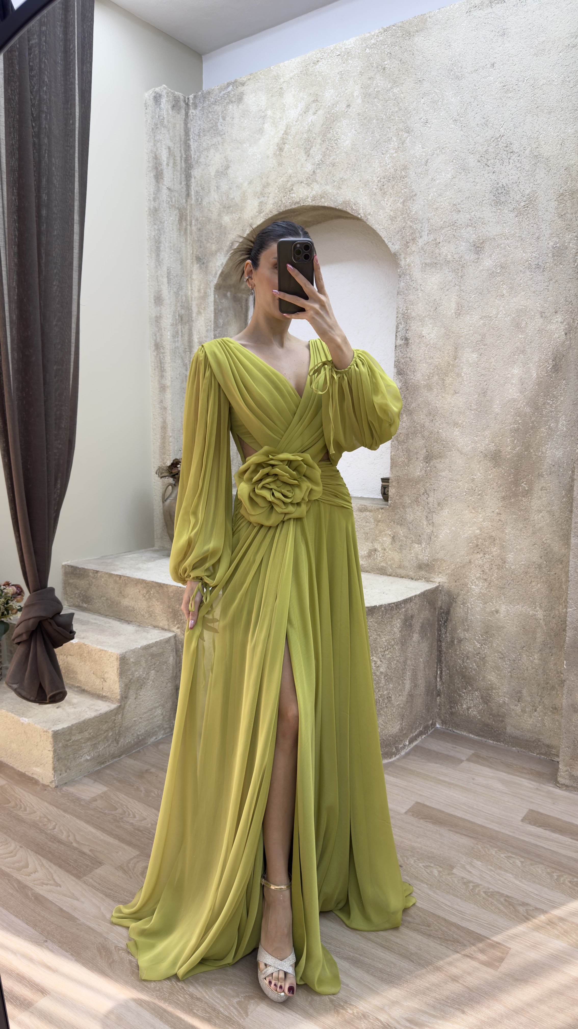 BACK DETAIL WAIST ROSE DESIGN CHIFFON EVENING DRESS