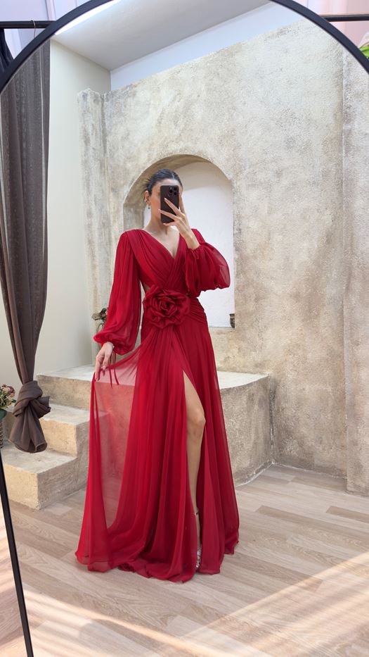 BACK DETAIL WAIST ROSE DESIGN CHIFFON EVENING DRESS