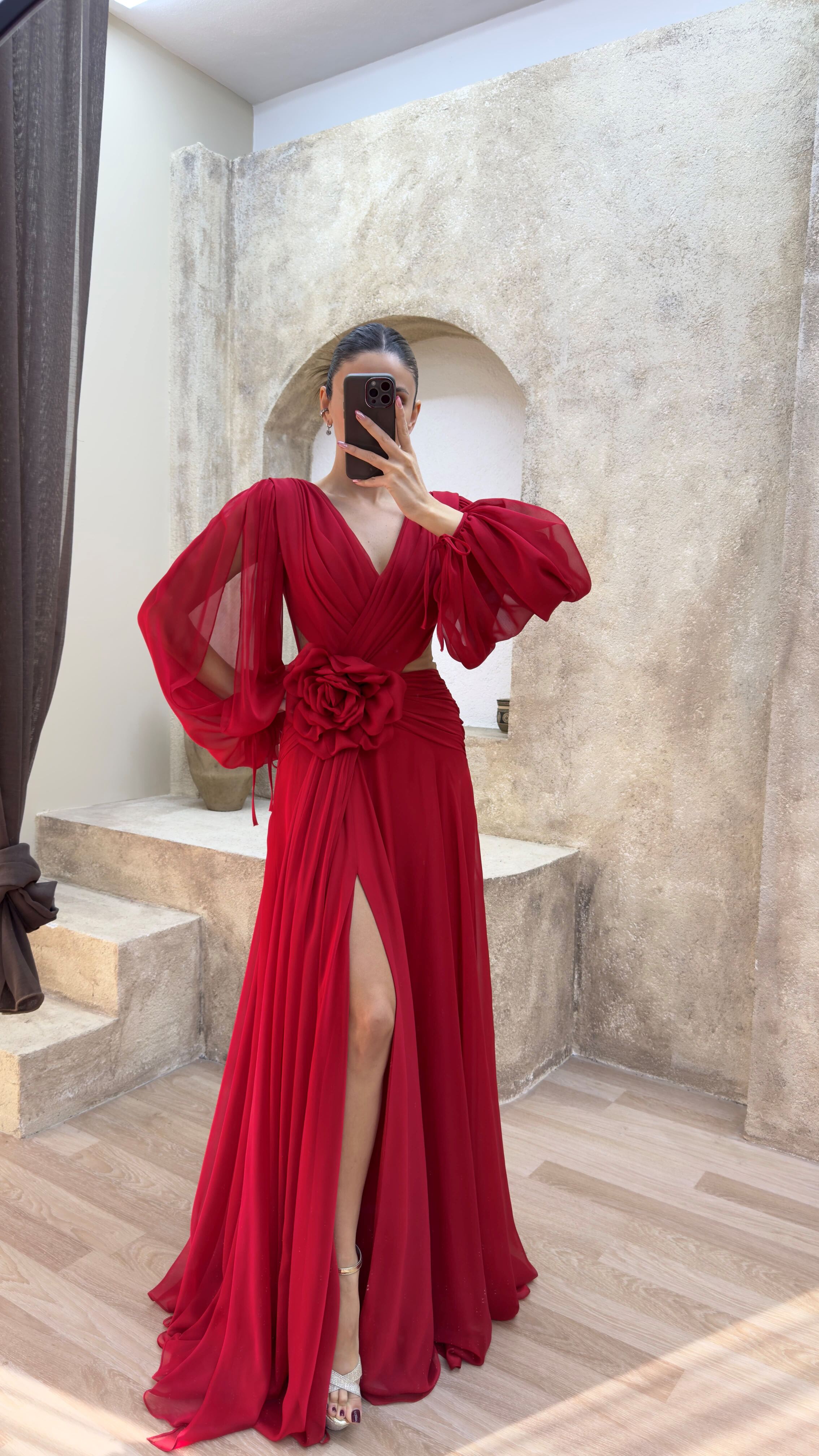 BACK DETAIL WAIST ROSE DESIGN CHIFFON EVENING DRESS