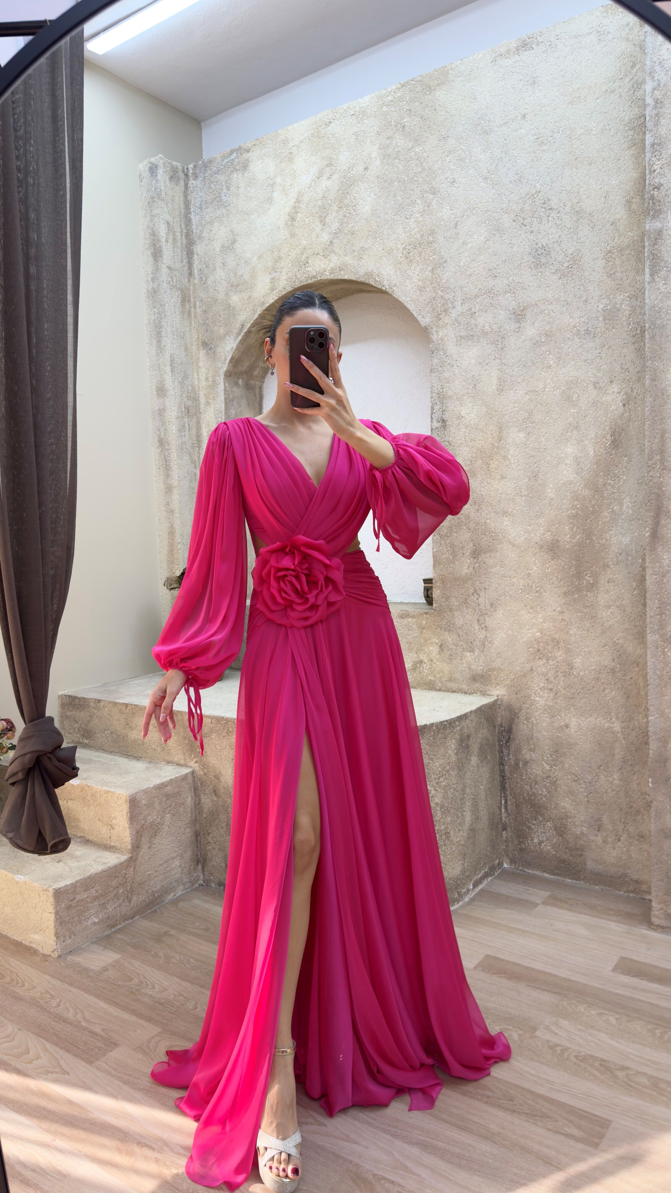 BACK DETAIL WAIST ROSE DESIGN CHIFFON EVENING DRESS