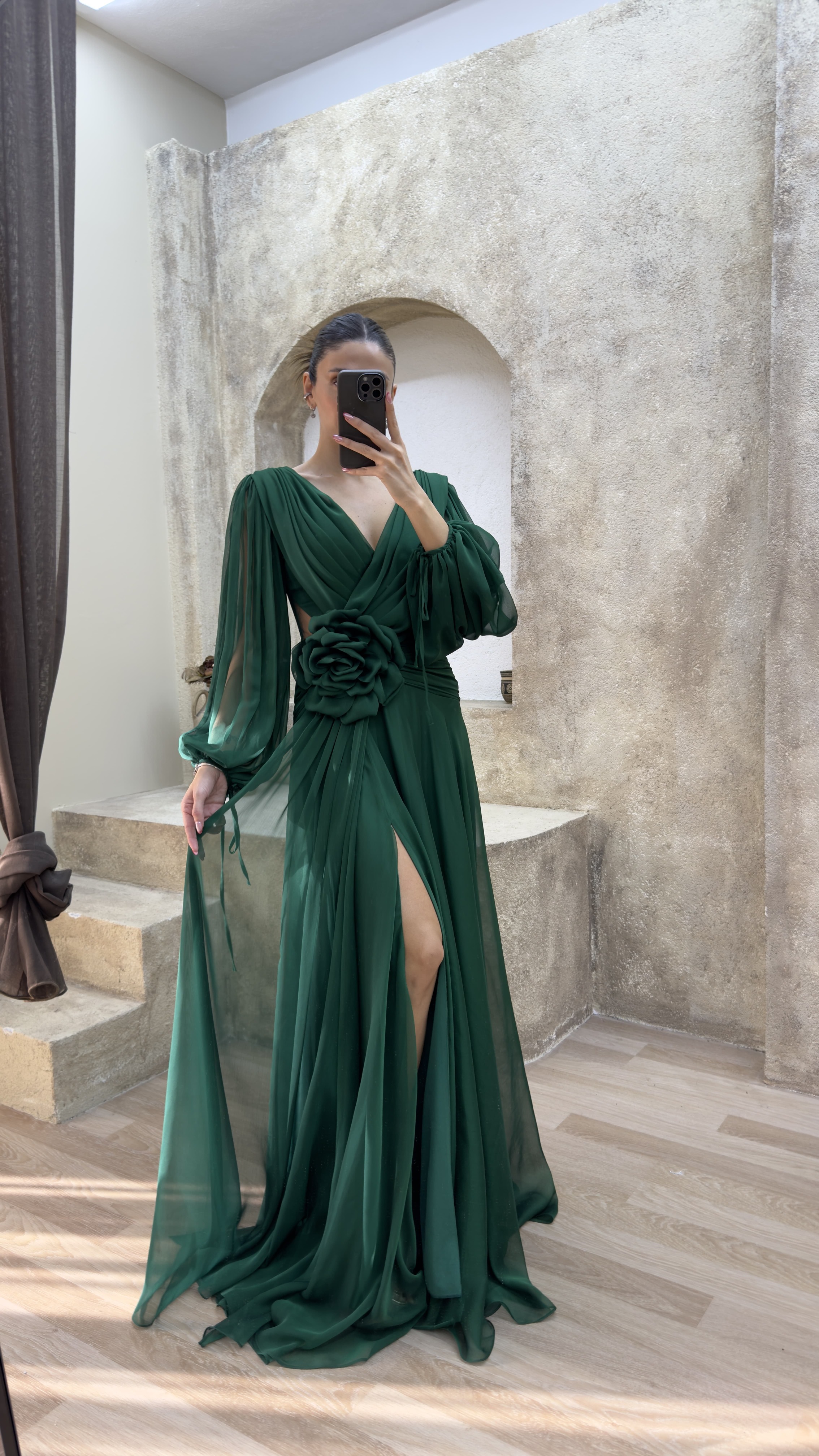 BACK DETAIL WAIST ROSE DESIGN CHIFFON EVENING DRESS