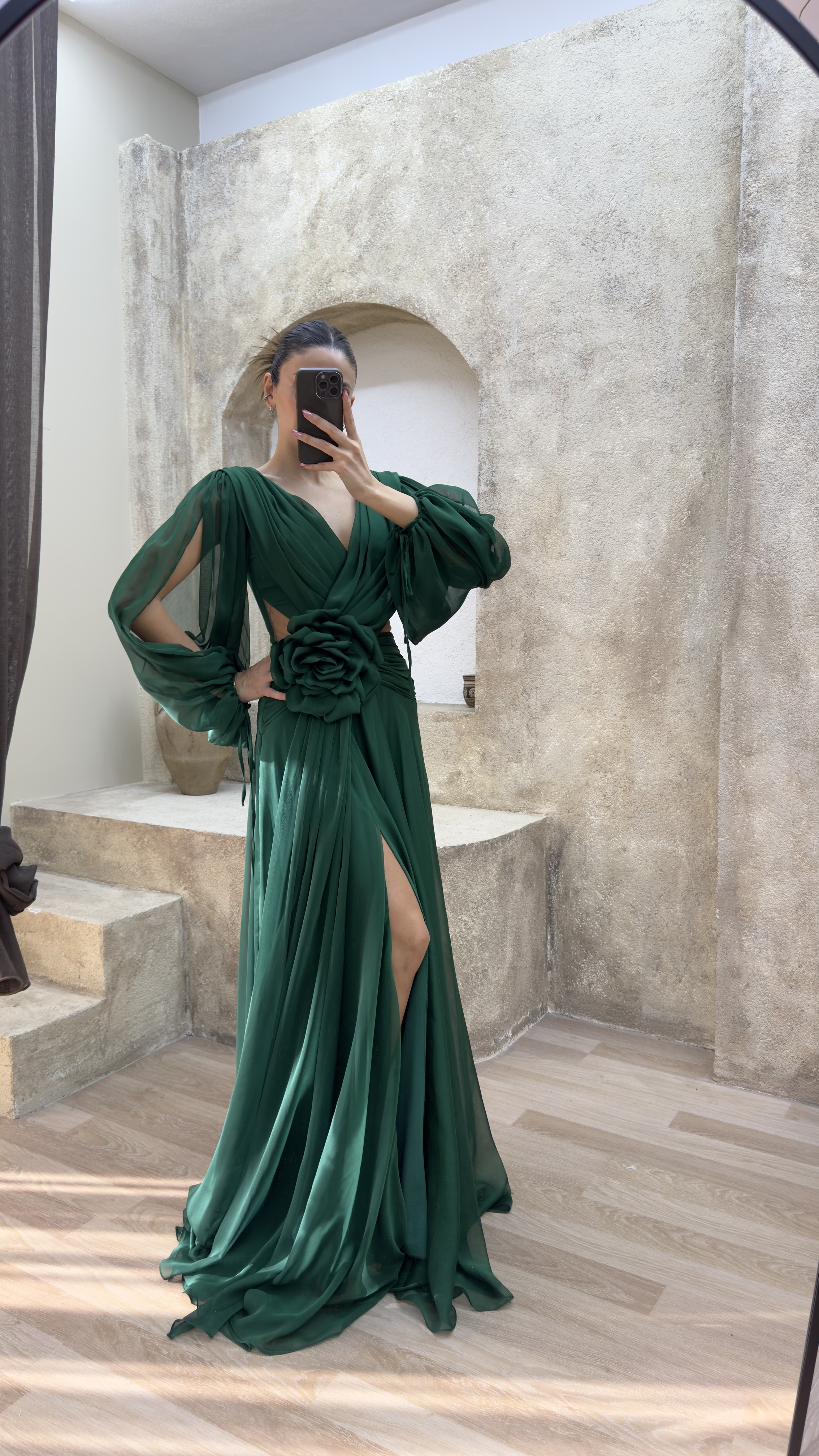 BACK DETAIL WAIST ROSE DESIGN CHIFFON EVENING DRESS