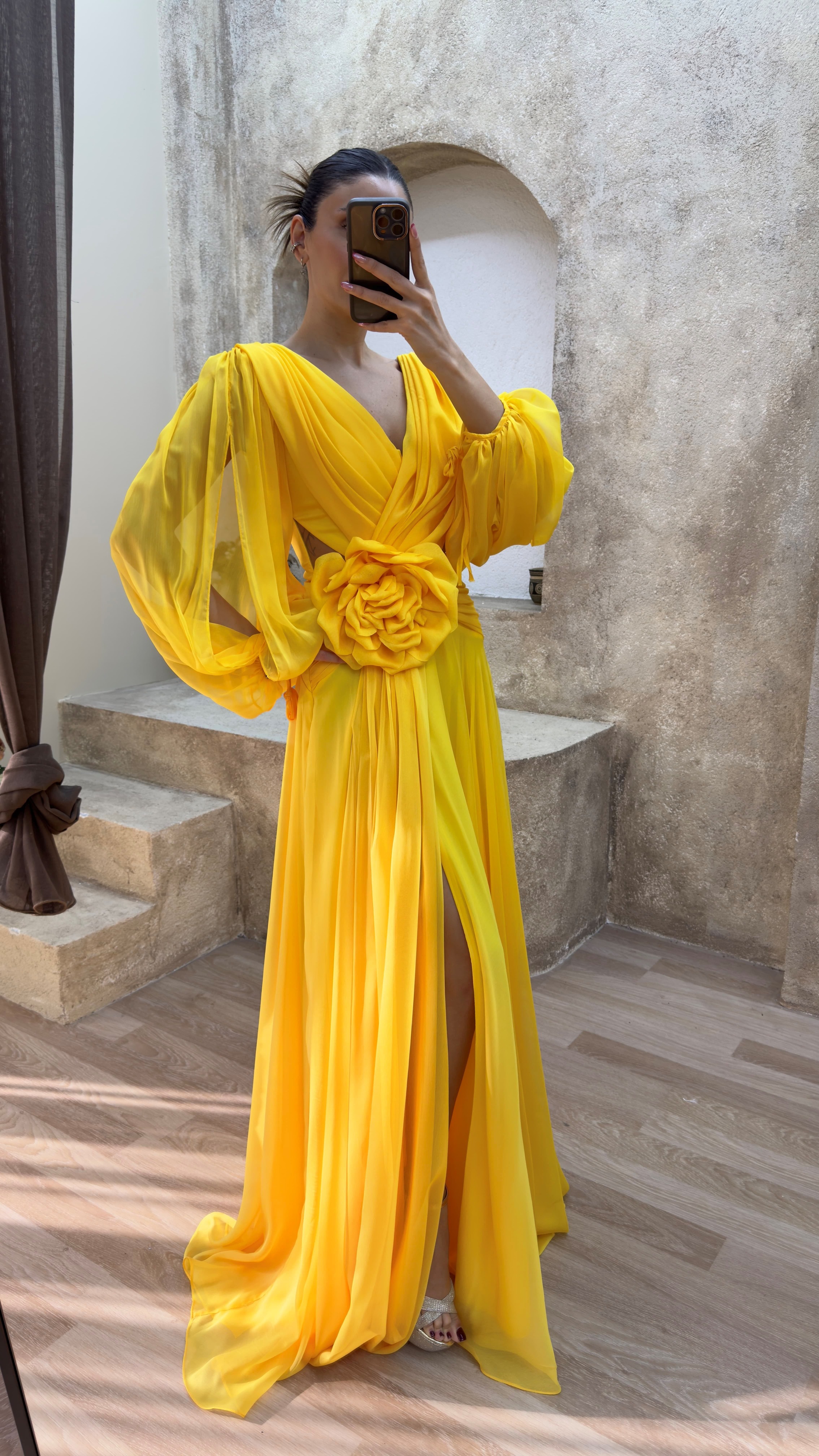 BACK DETAIL WAIST ROSE DESIGN CHIFFON EVENING DRESS