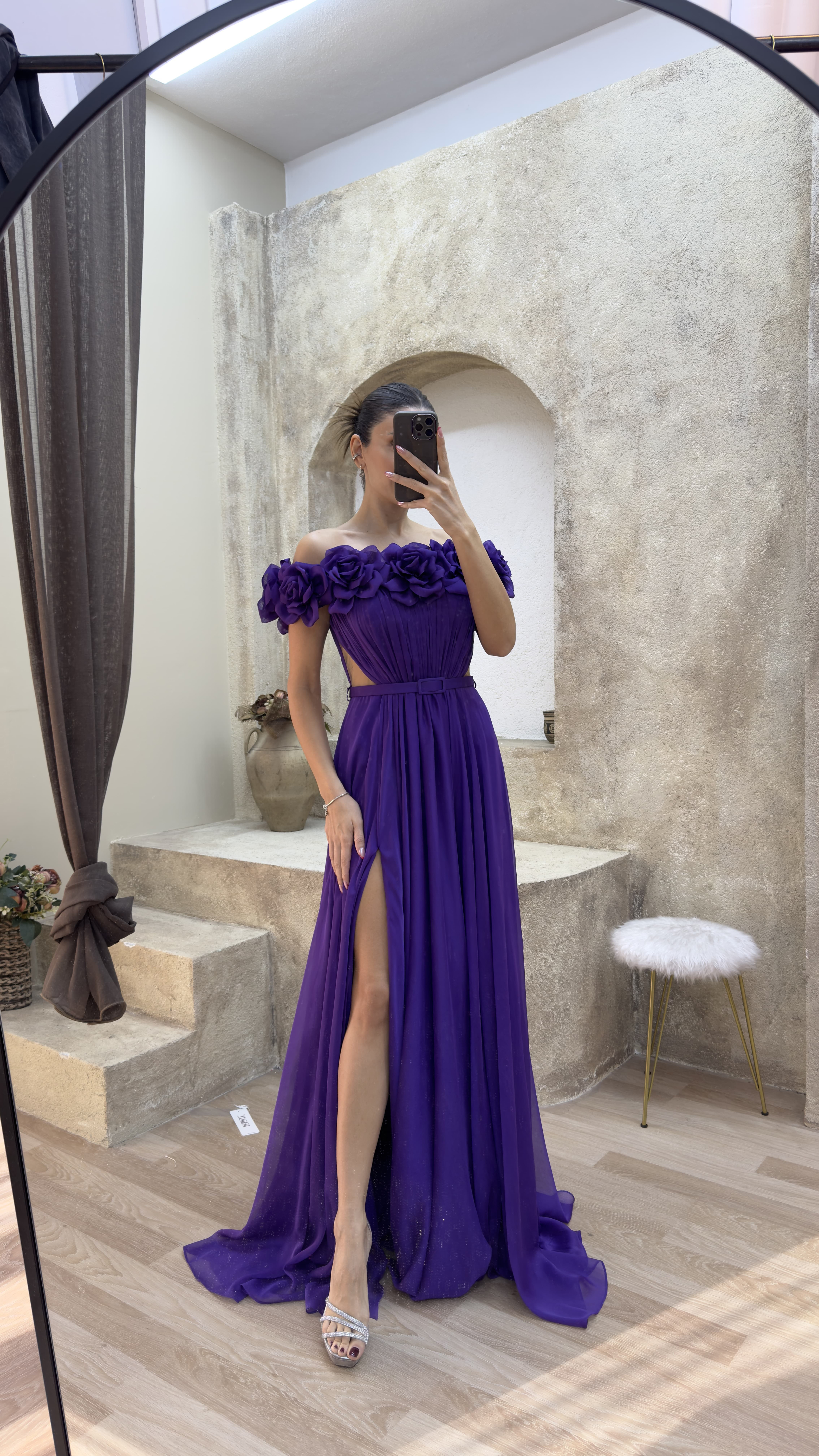 STRAPLESS CHEST ROSE WAIST DETAIL DESIGN EVENING DRESS