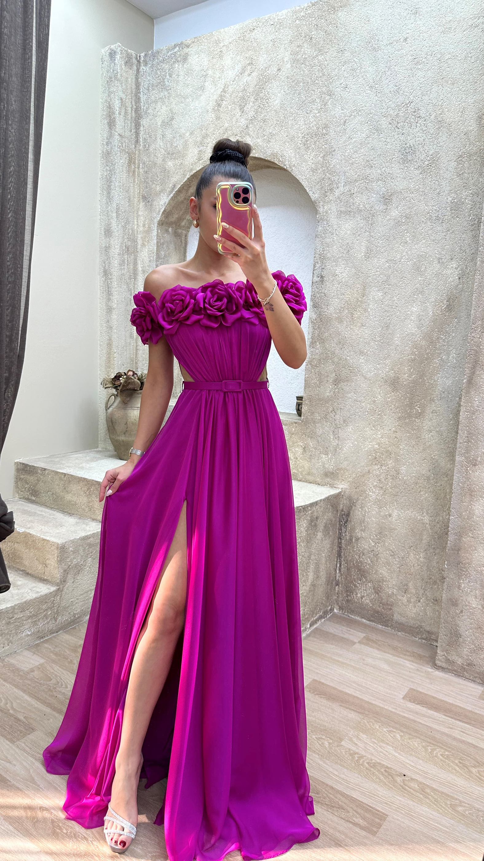 STRAPLESS CHEST ROSE WAIST DETAIL DESIGN EVENING DRESS