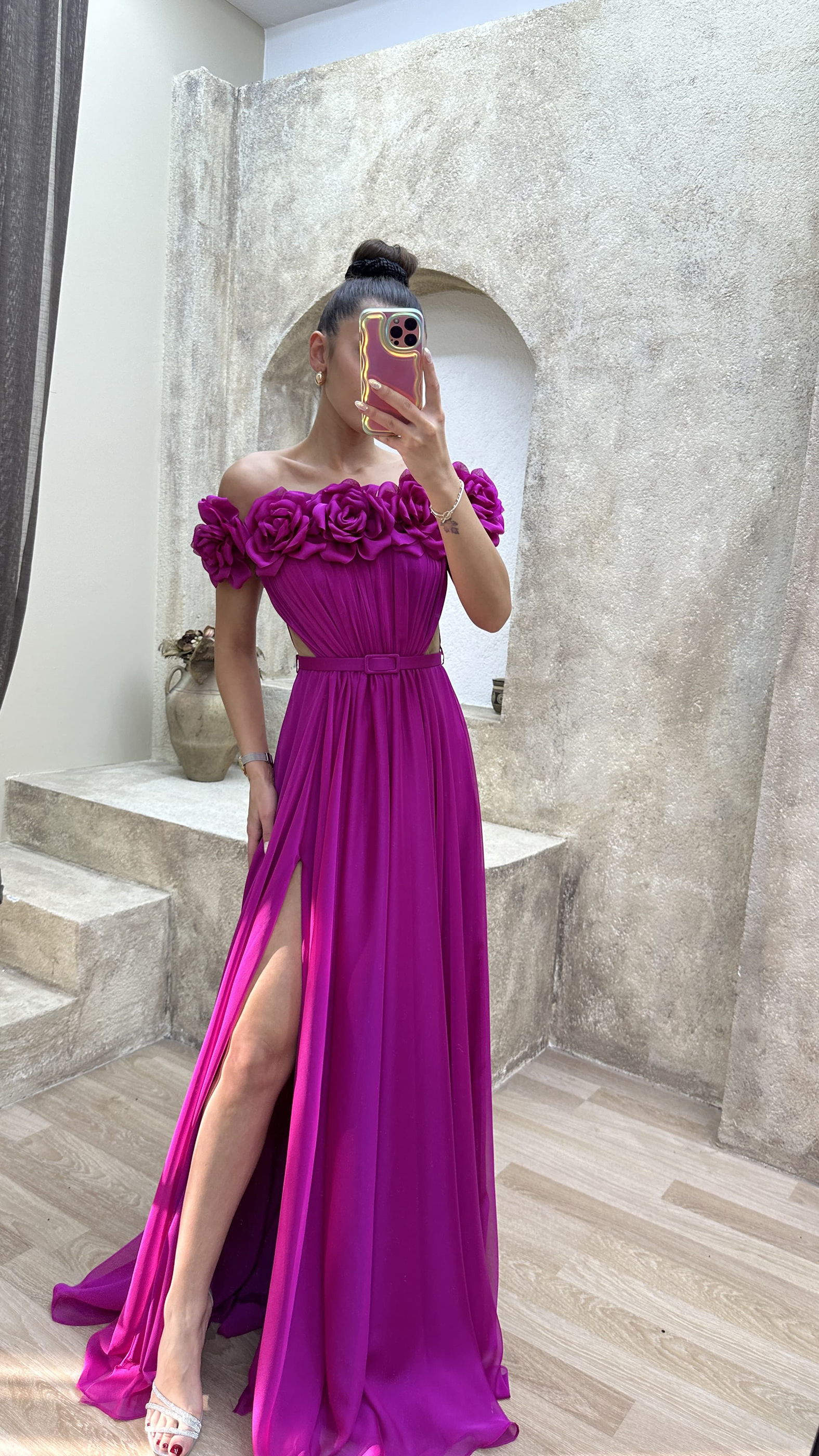 STRAPLESS CHEST ROSE WAIST DETAIL DESIGN EVENING DRESS