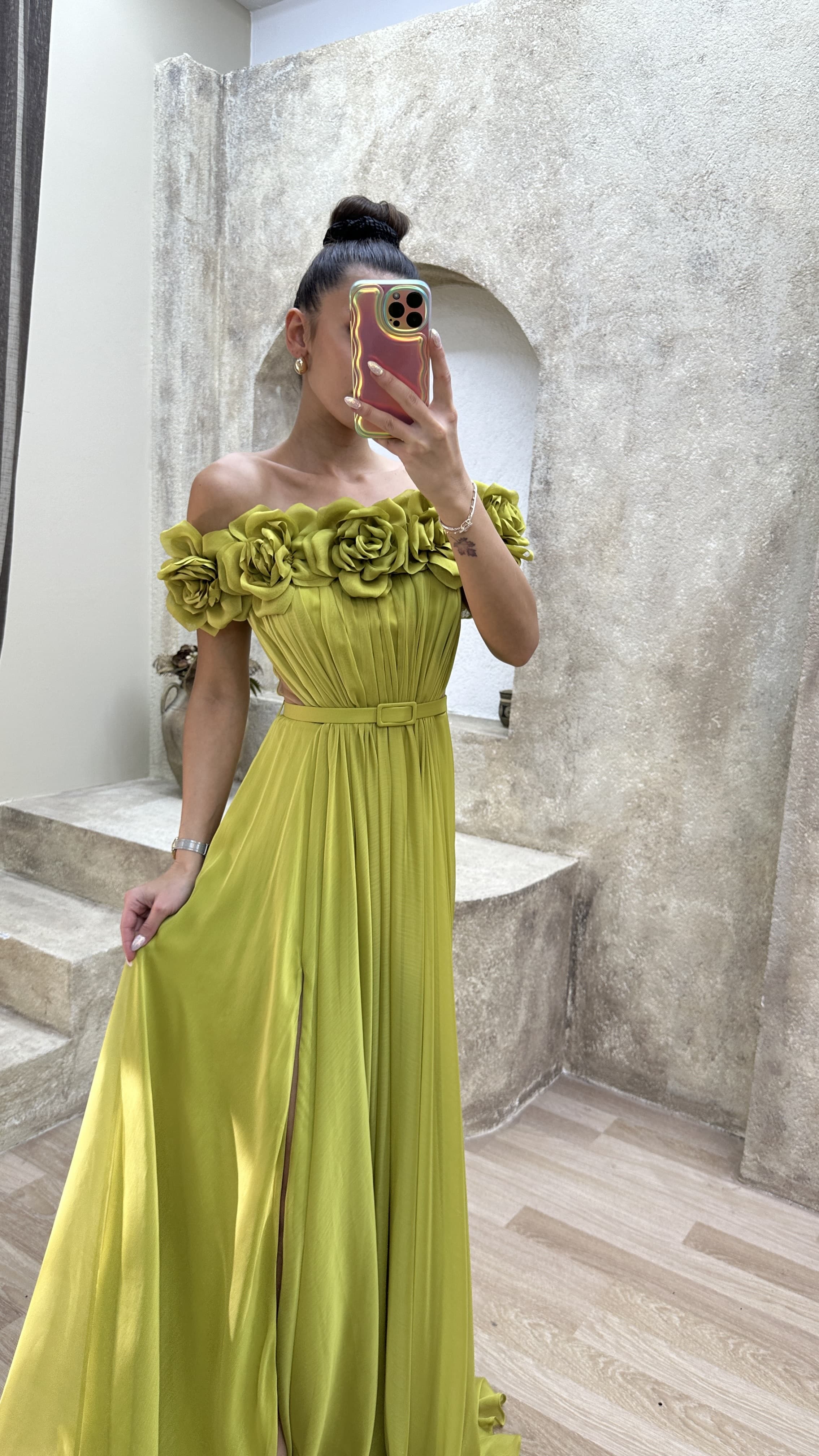 STRAPLESS CHEST ROSE WAIST DETAIL DESIGN EVENING DRESS