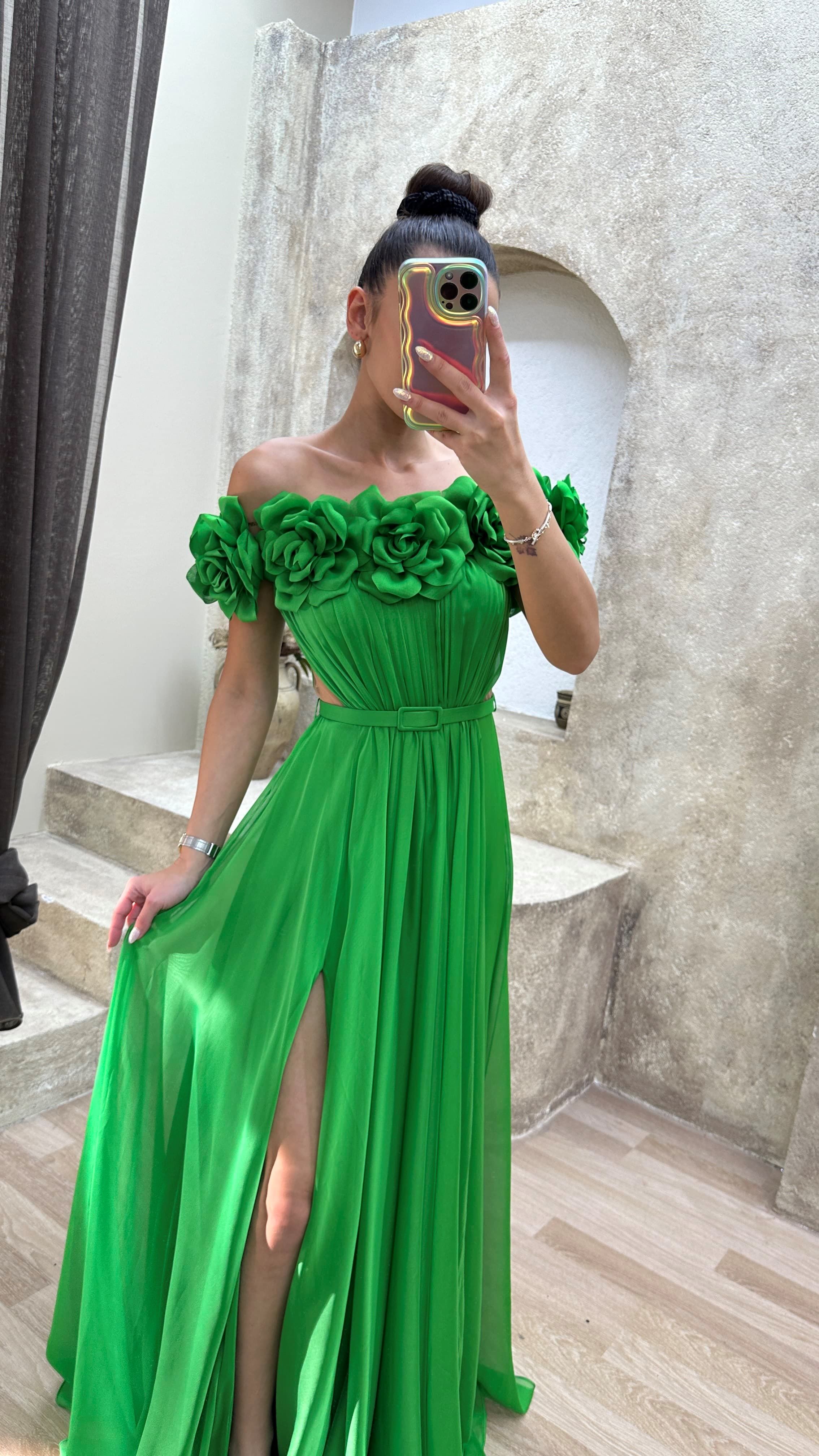 STRAPLESS CHEST ROSE WAIST DETAIL DESIGN EVENING DRESS