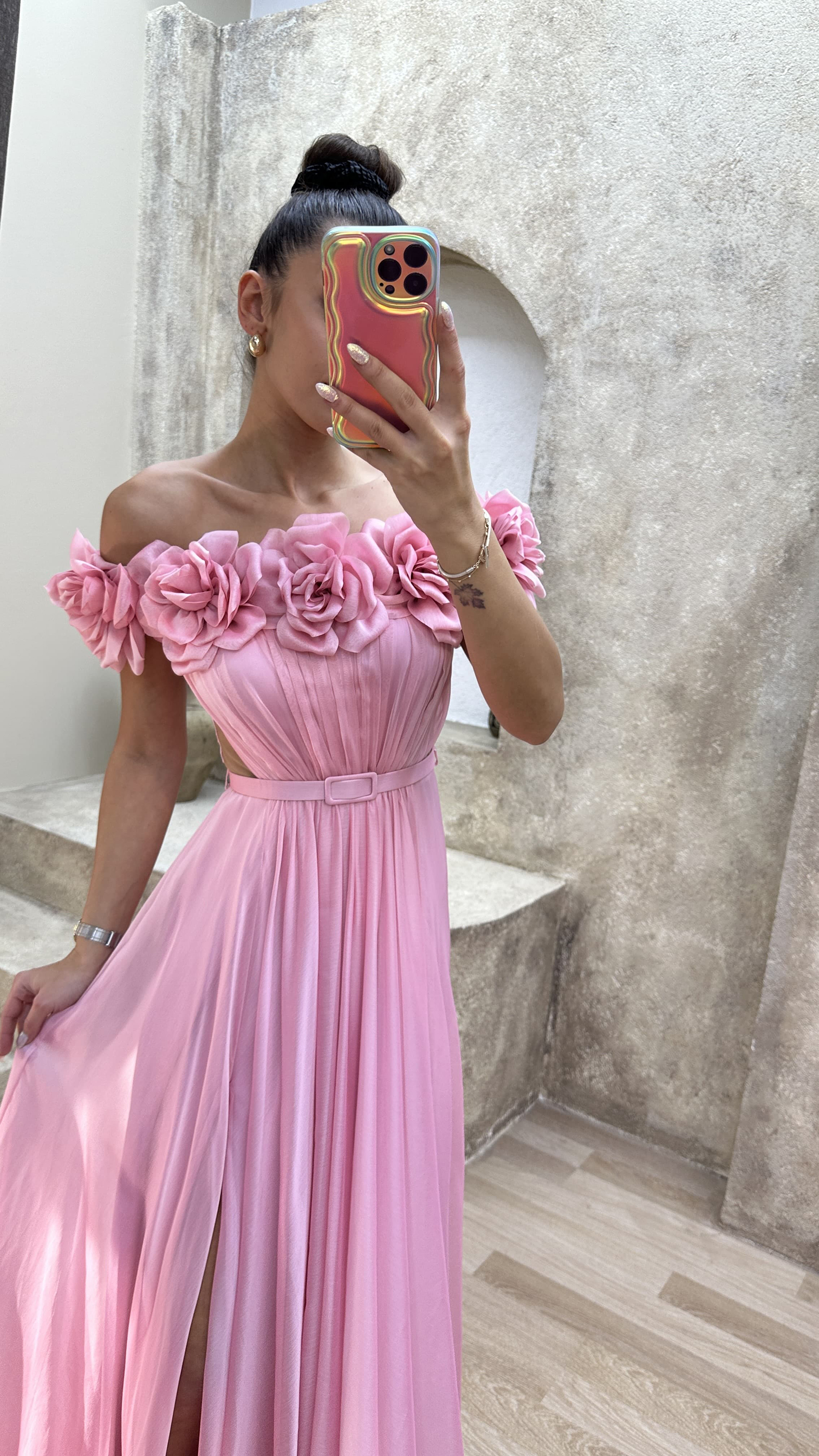 STRAPLESS CHEST ROSE WAIST DETAIL DESIGN EVENING DRESS