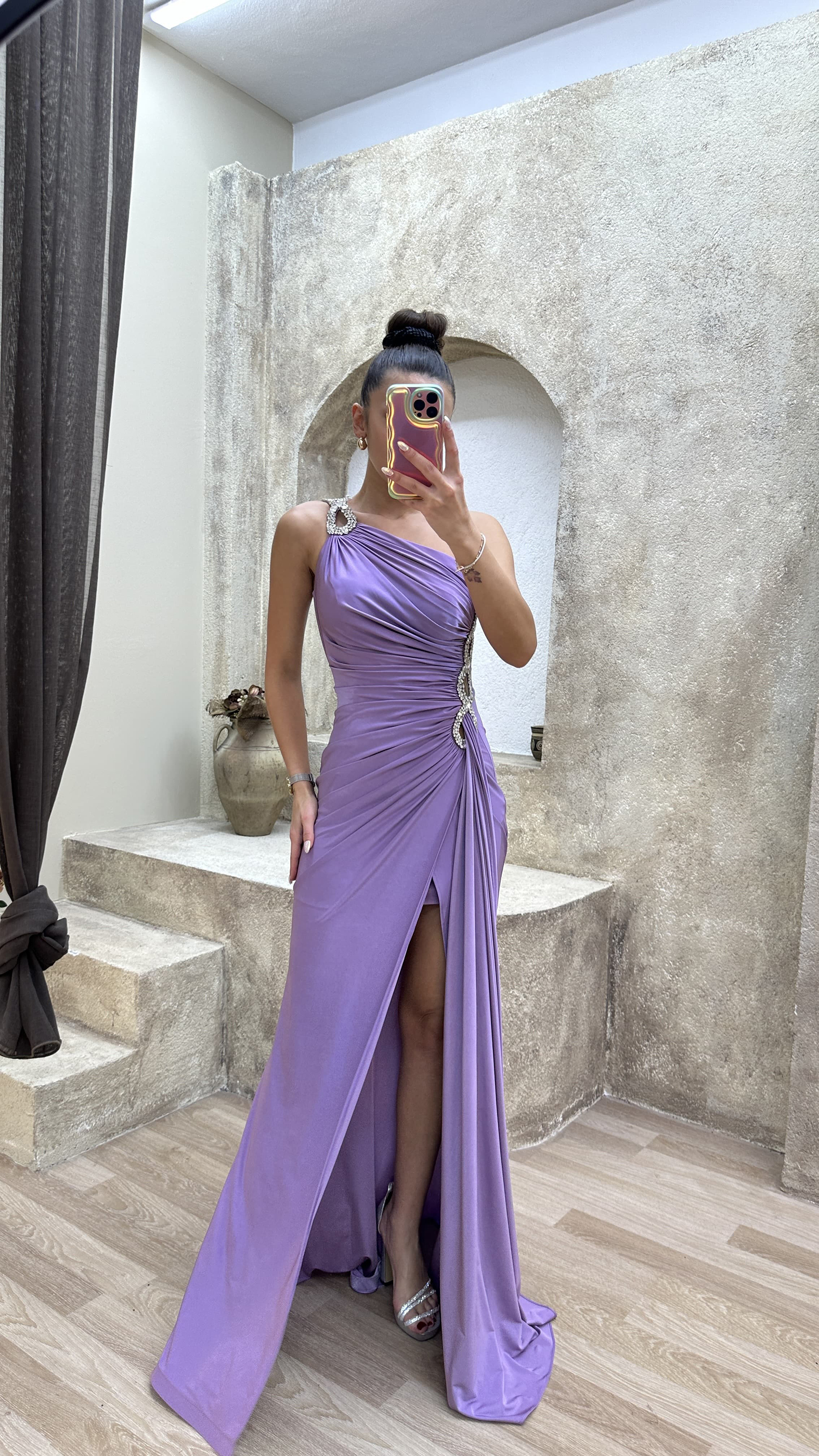 ONE SHOULDER WAIST DETAIL STONE EMBROIDERED DRAPED DESIGN EVENING DRESS