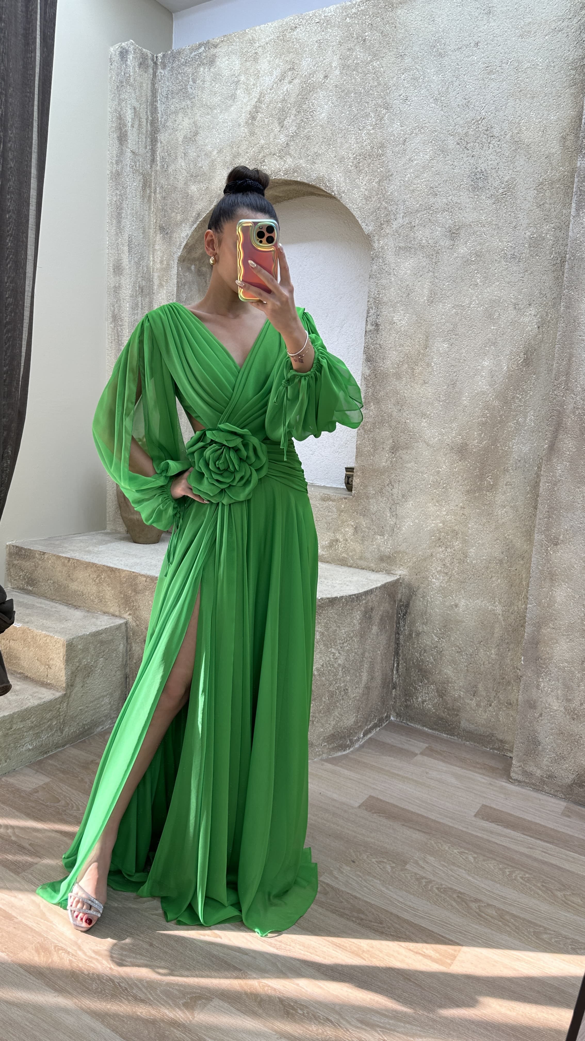 BACK DETAIL WAIST ROSE DESIGN CHIFFON EVENING DRESS