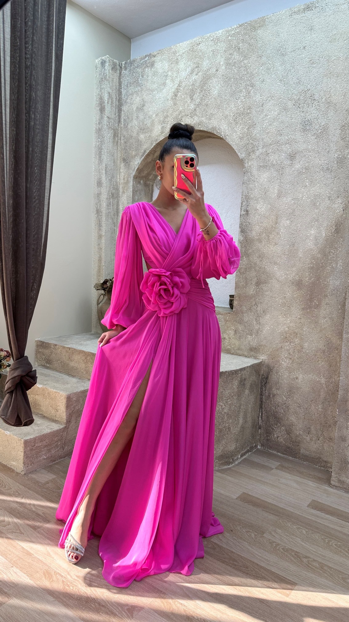 BACK DETAIL WAIST ROSE DESIGN CHIFFON EVENING DRESS