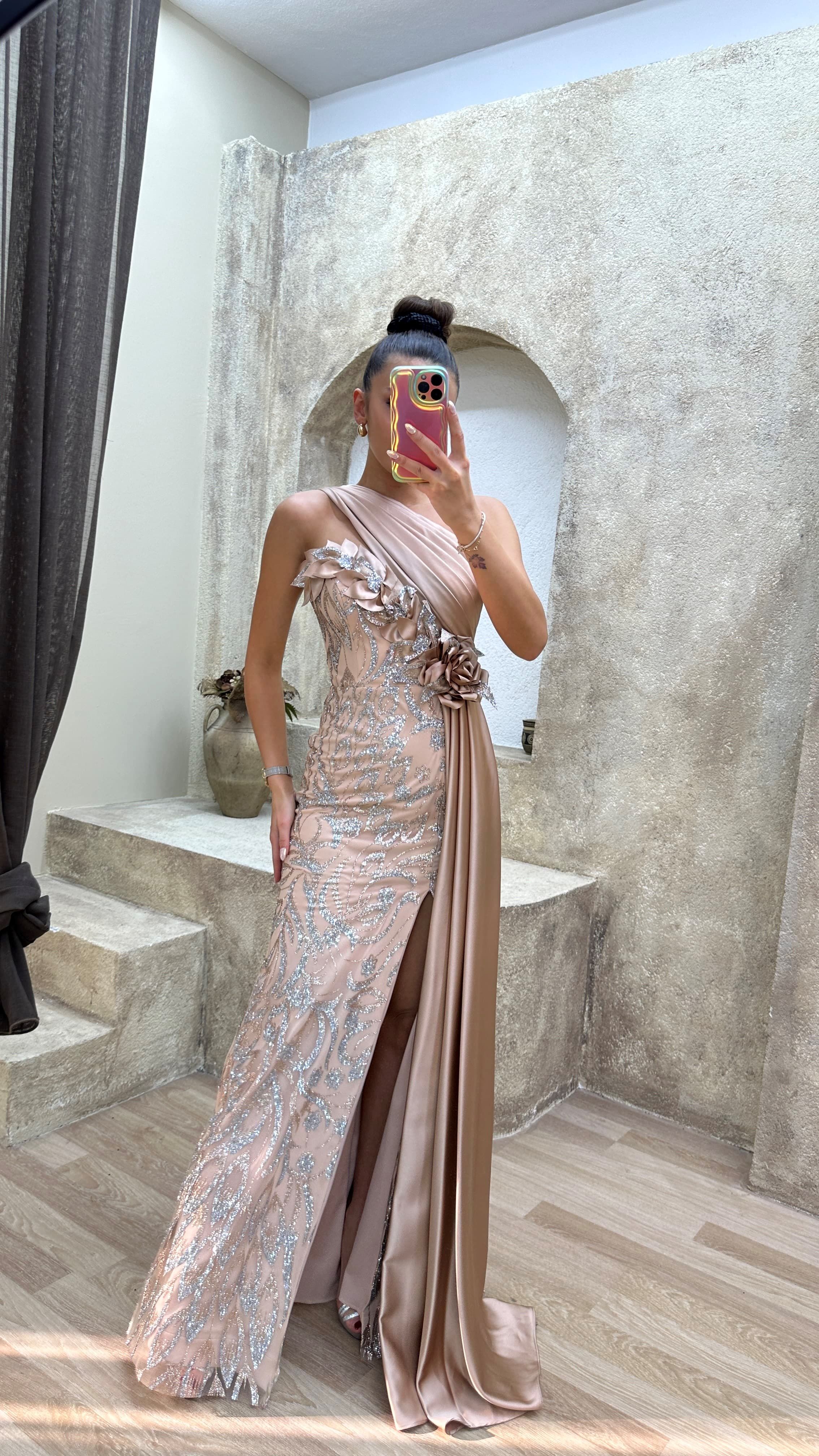 One Shoulder Waist Detail Embroidered Design Satin Dress