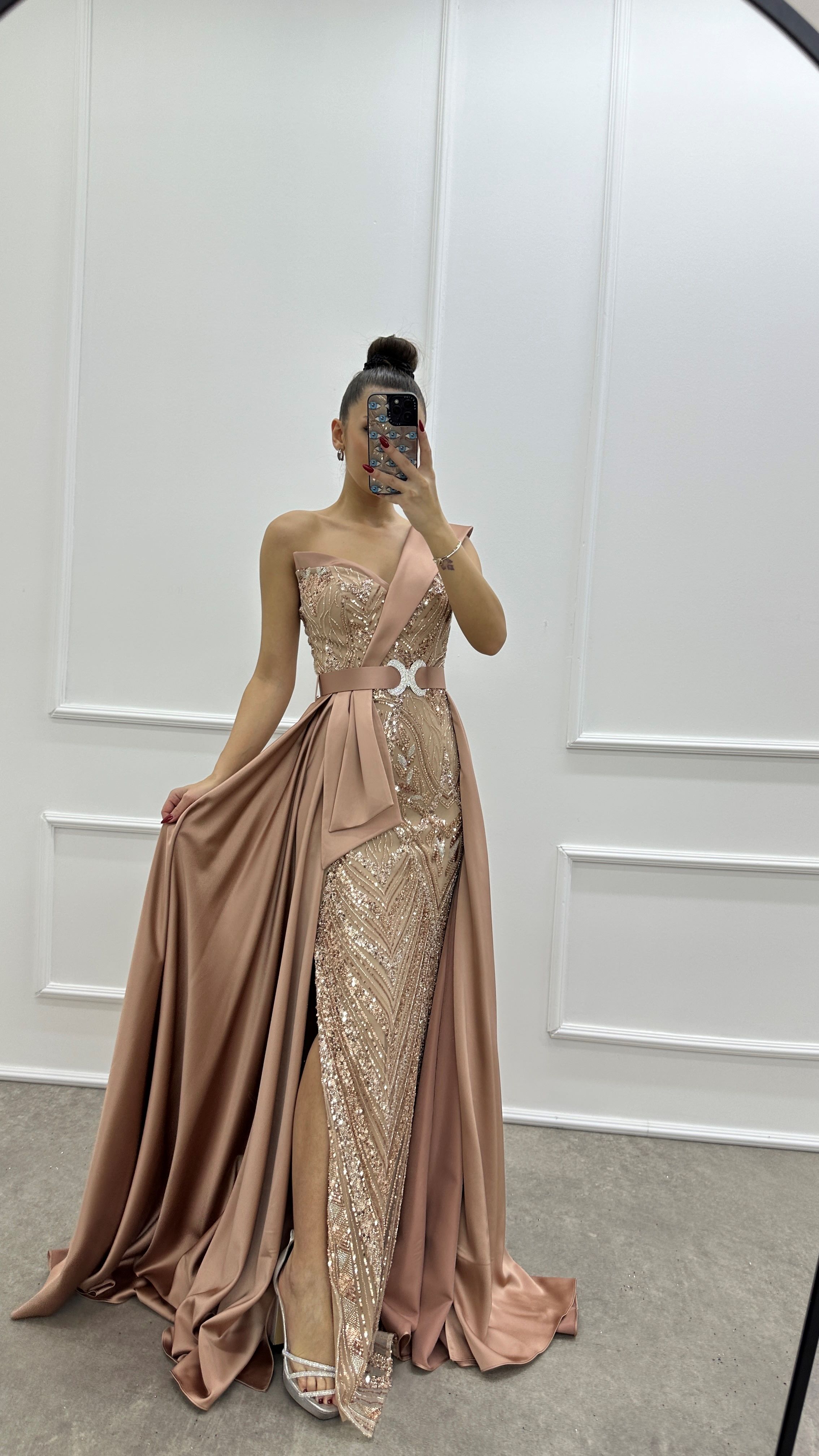 Powder One Shoulder Waist Detail Embroidered Design Evening Dress