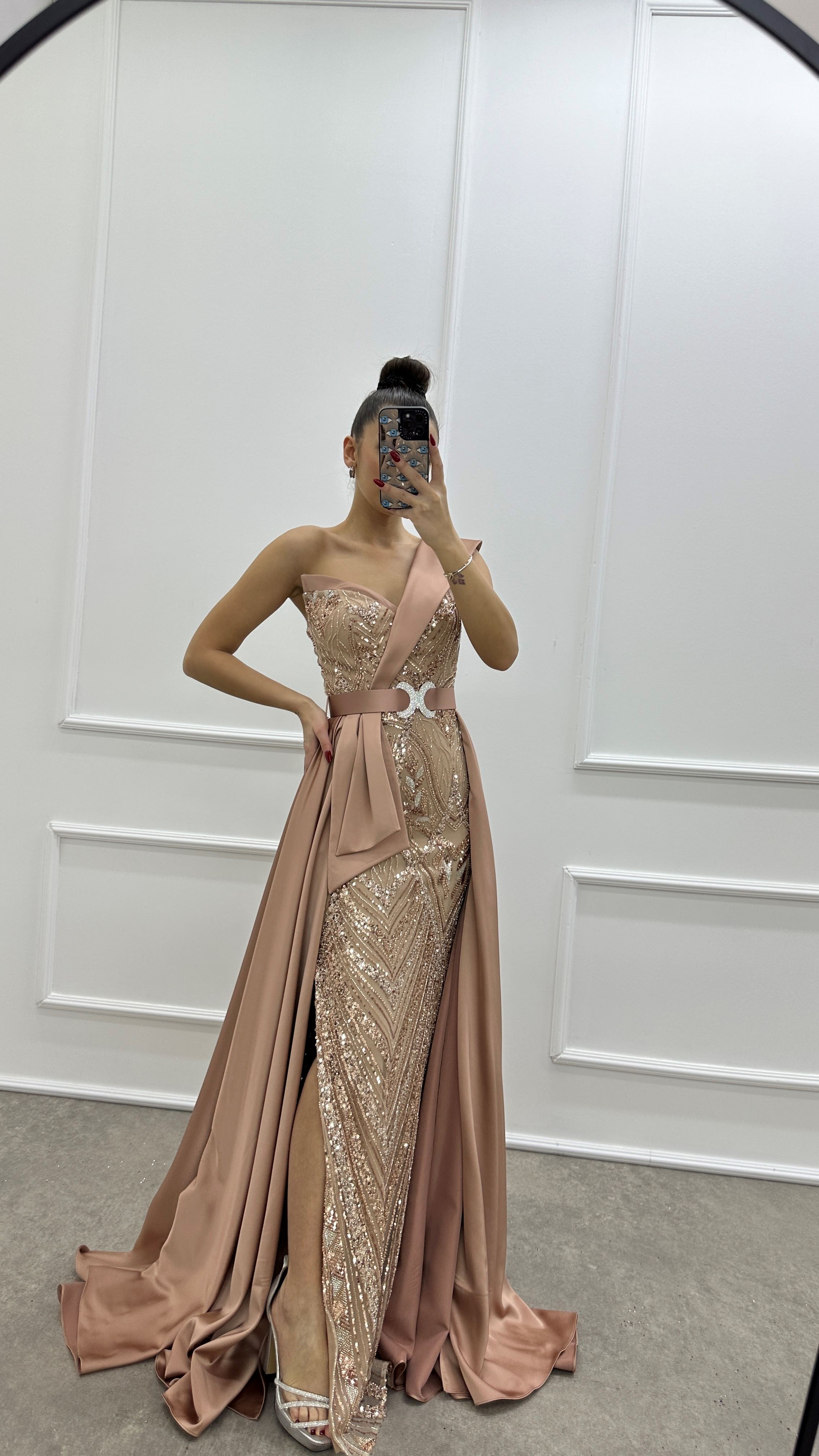 Powder One Shoulder Waist Detail Embroidered Design Evening Dress