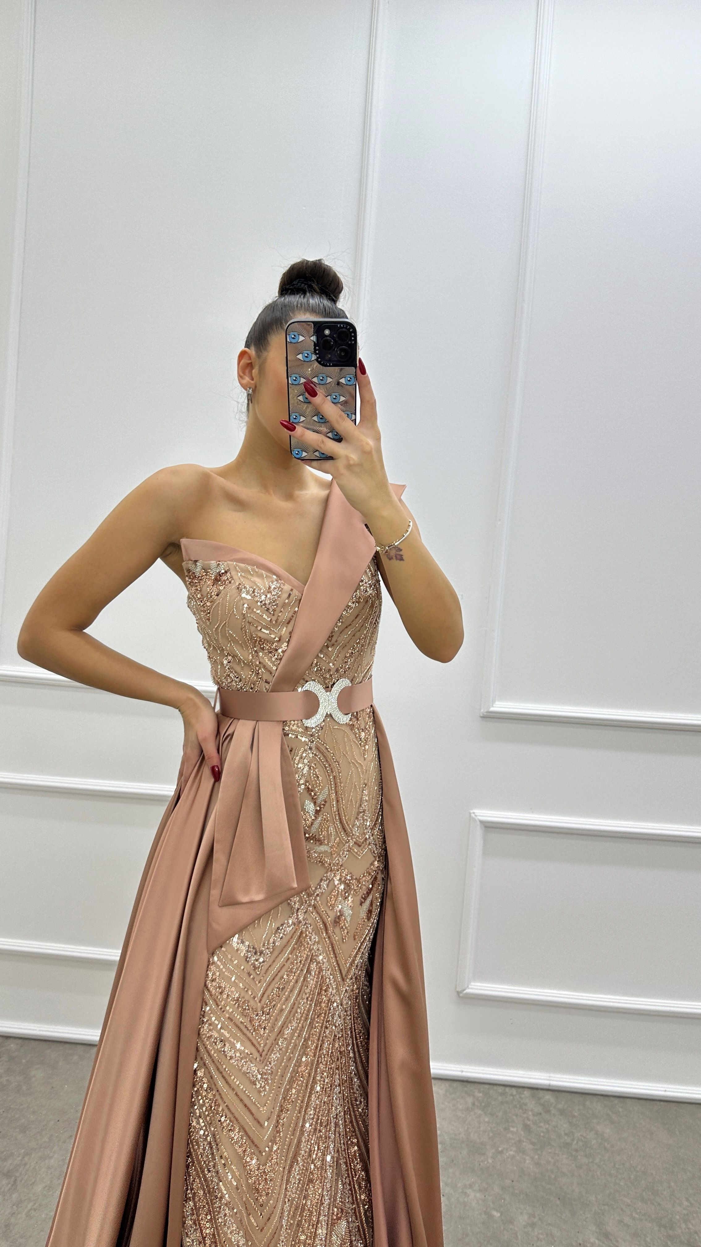 Powder One Shoulder Waist Detail Embroidered Design Evening Dress