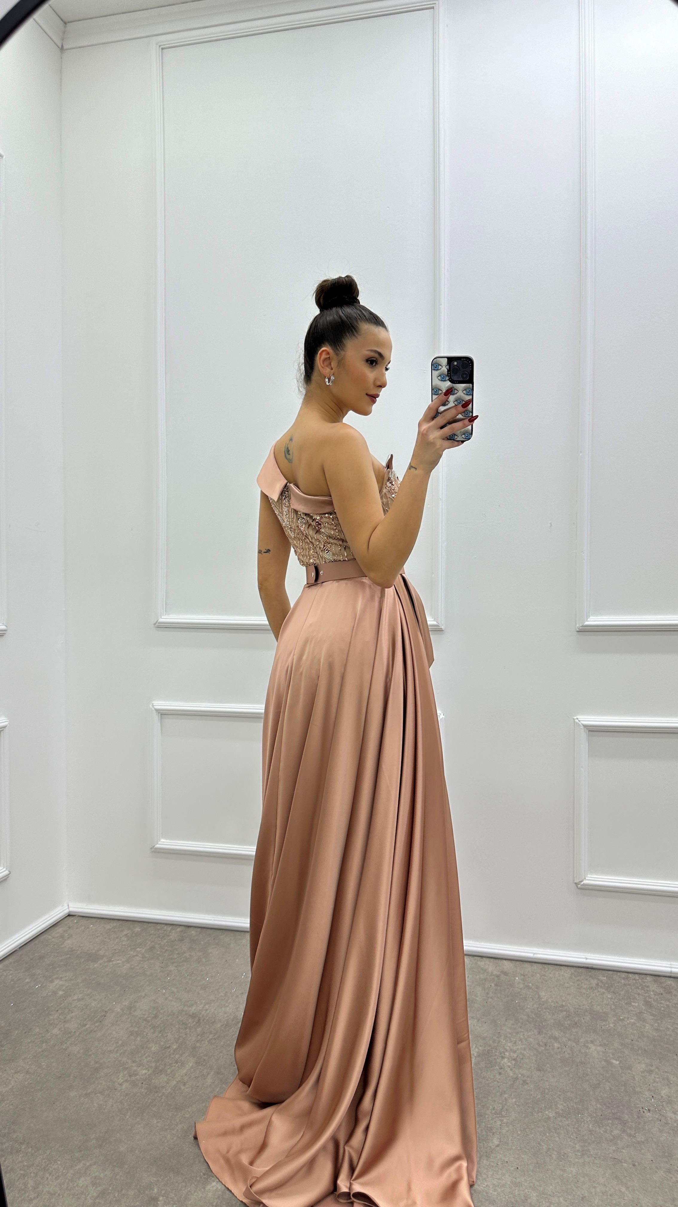 Powder One Shoulder Waist Detail Embroidered Design Evening Dress