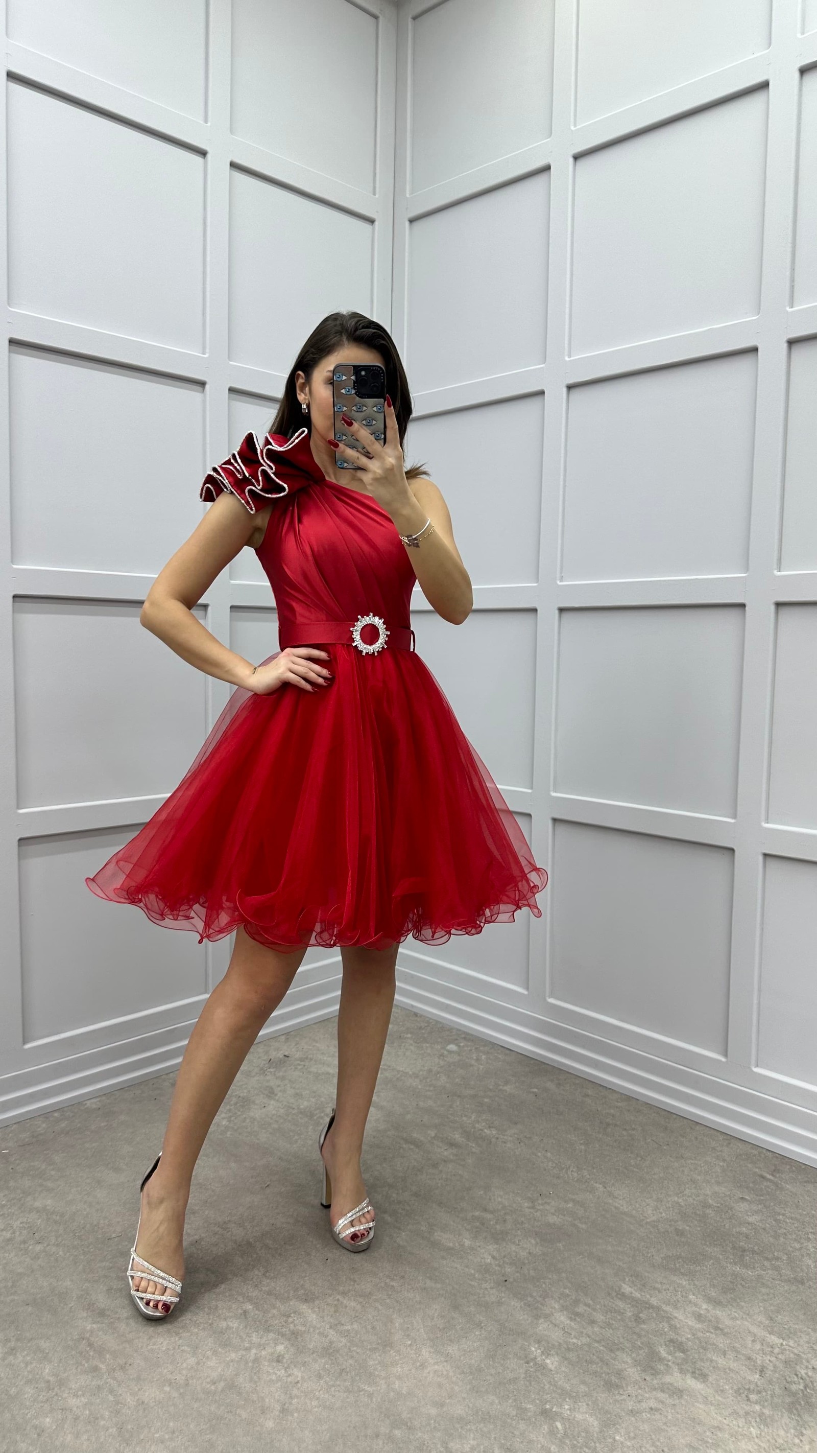 SHOULDER FLOUNCE DETAIL BELTED DESIGN TULLE DRESS