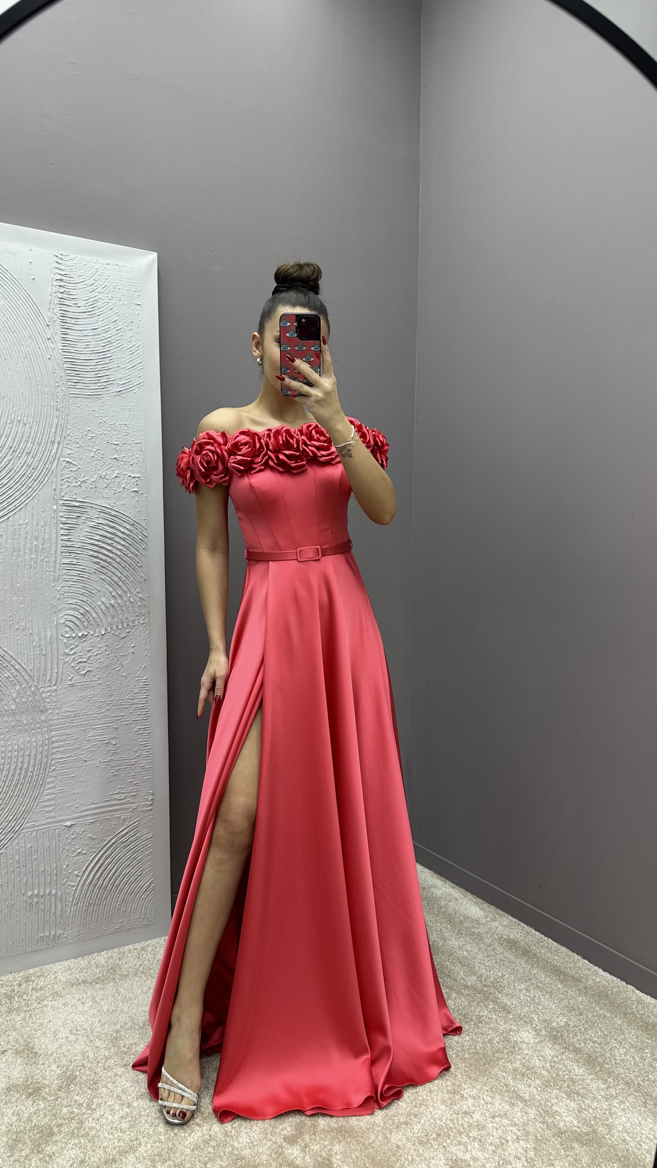 CHEST ROSE DETAIL DESIGN SATIN EVENING DRESS