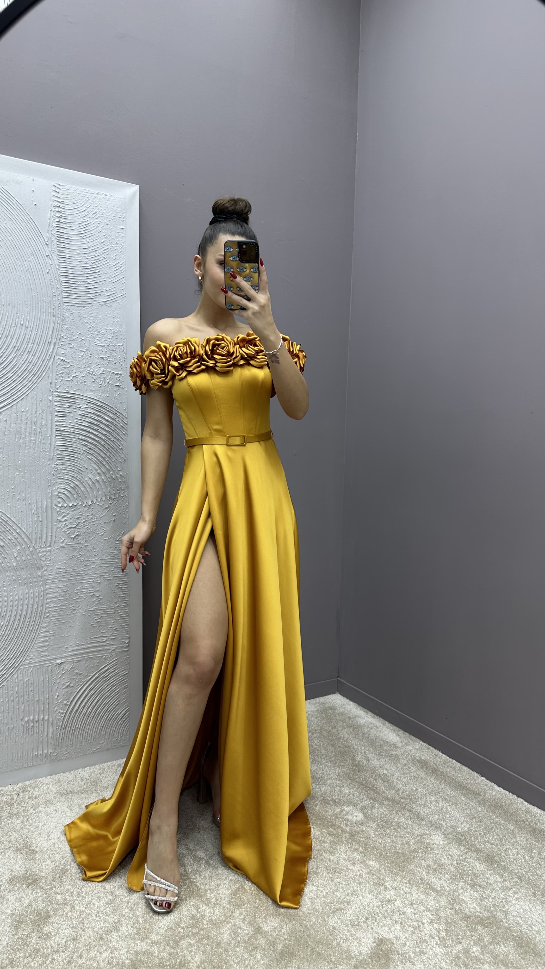 CHEST ROSE DETAIL DESIGN SATIN EVENING DRESS