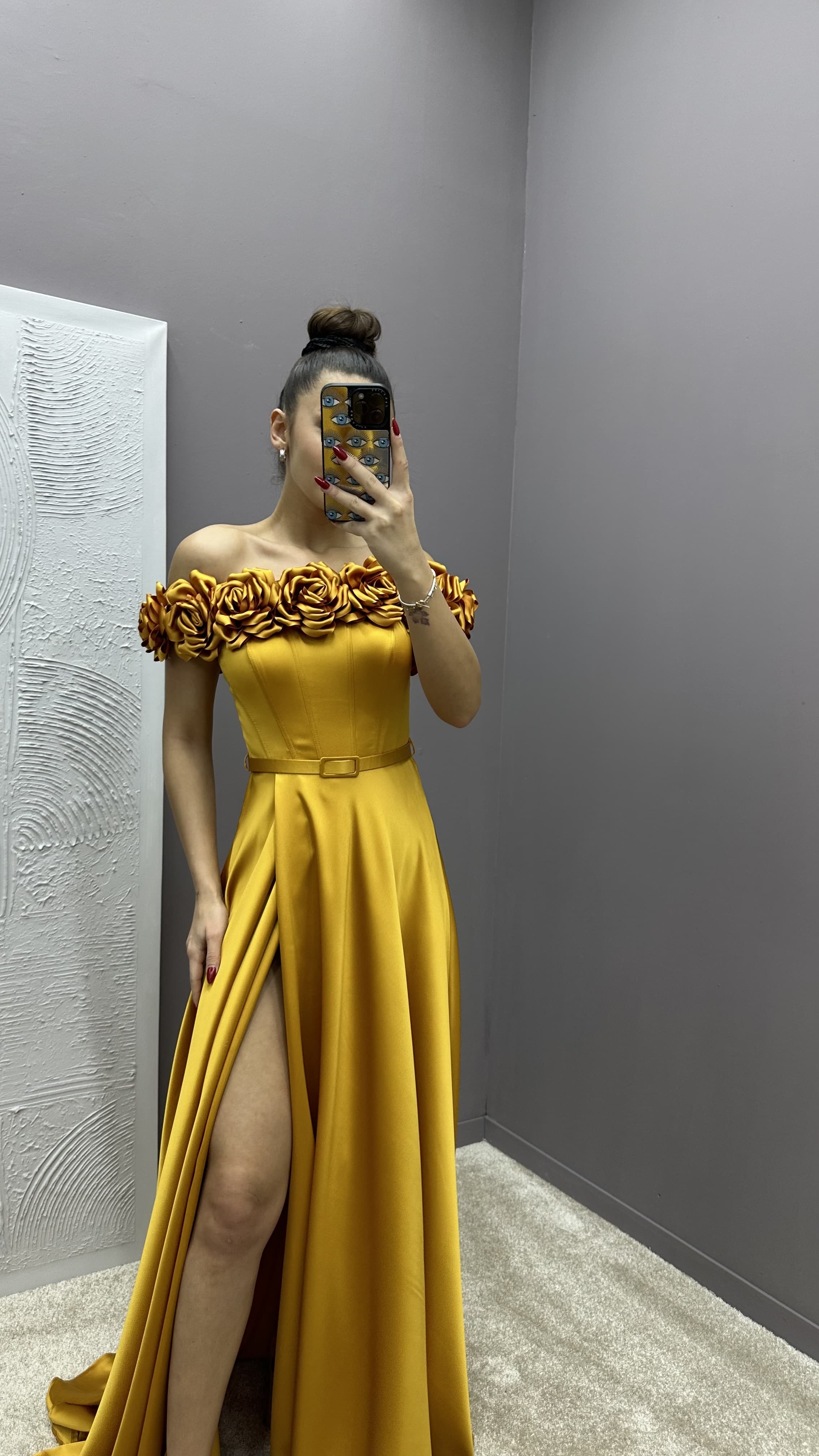 CHEST ROSE DETAIL DESIGN SATIN EVENING DRESS