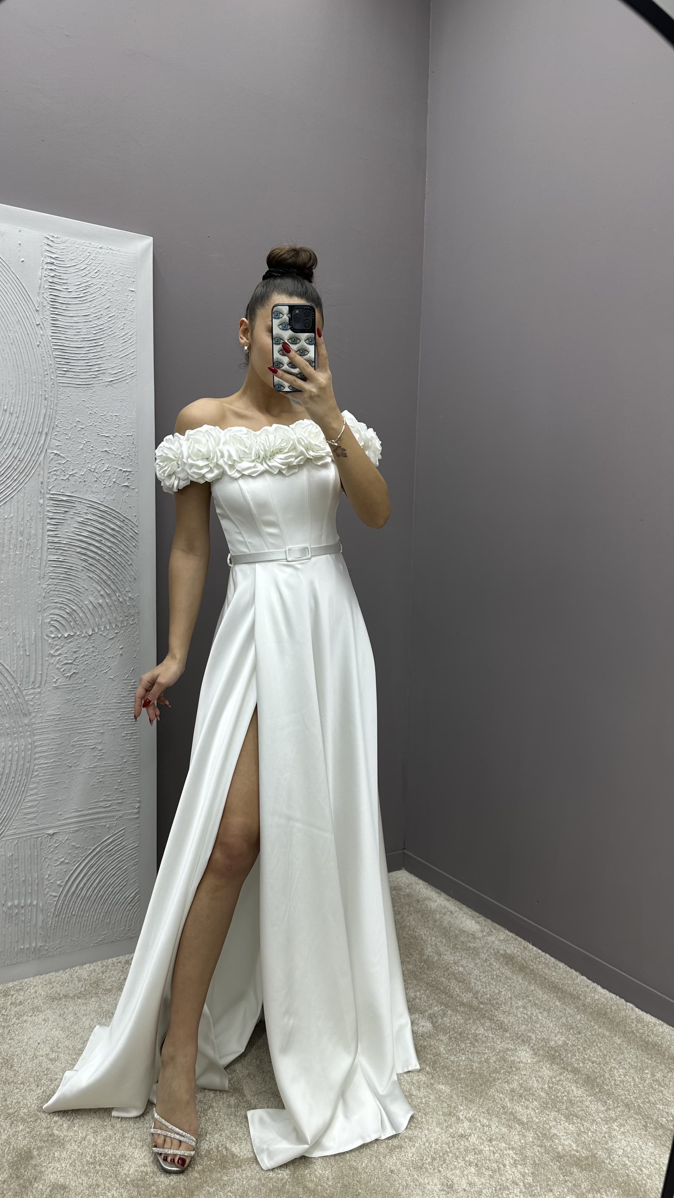 CHEST ROSE DETAIL DESIGN SATIN EVENING DRESS